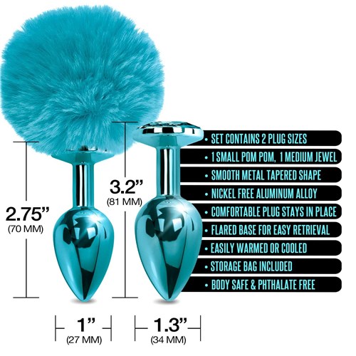 NIXIE Metal Butt Plug Set Pom Pom and Jewel Inlaid Metallic blue features call out sheet