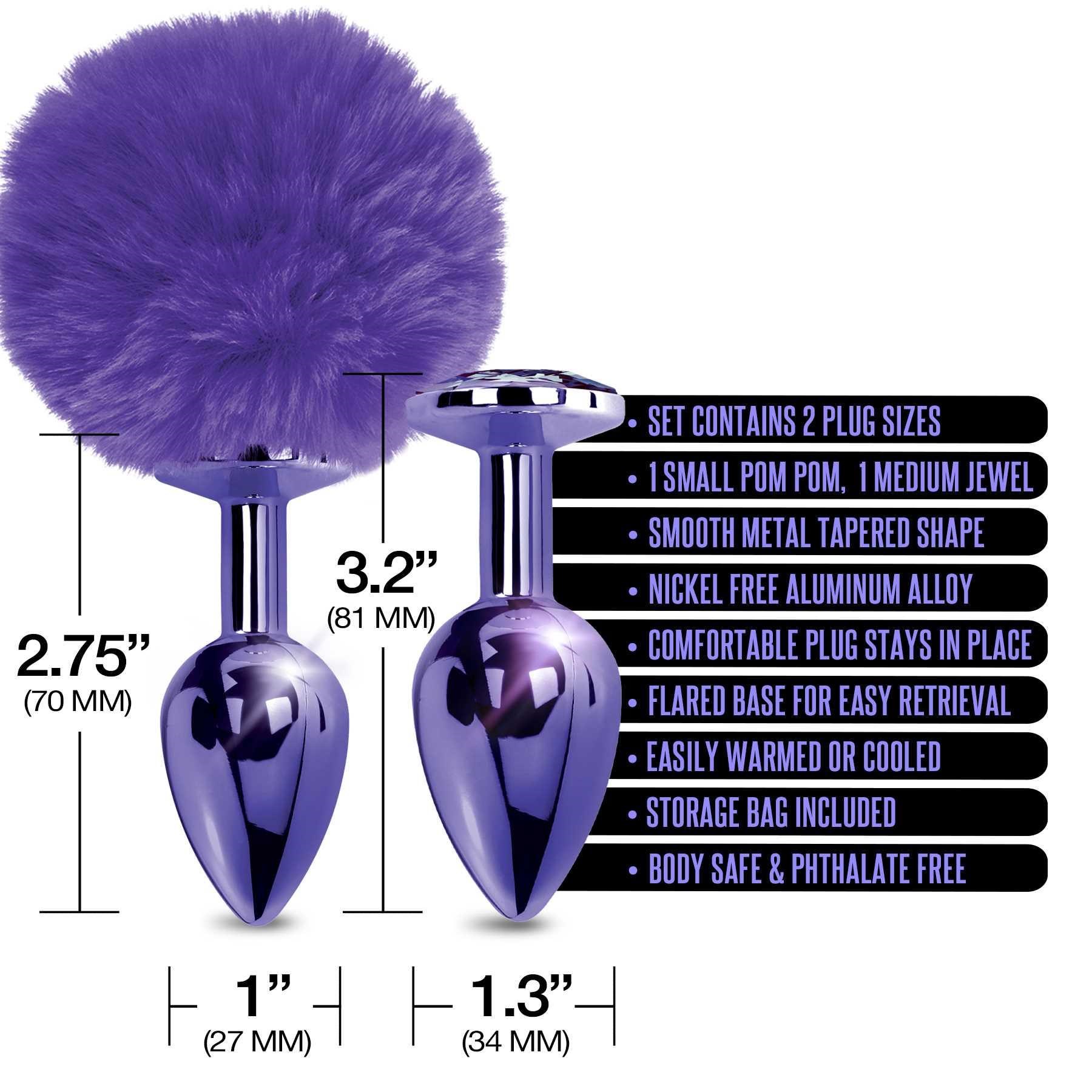 NIXIE Metal Butt Plug Set Pom Pom and Jewel Inlaid Metallic purple features call out sheet