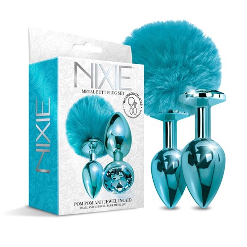 NIXIE Metal Butt Plug Set Pom Pom and Jewel Inlaid Metallic blue with box