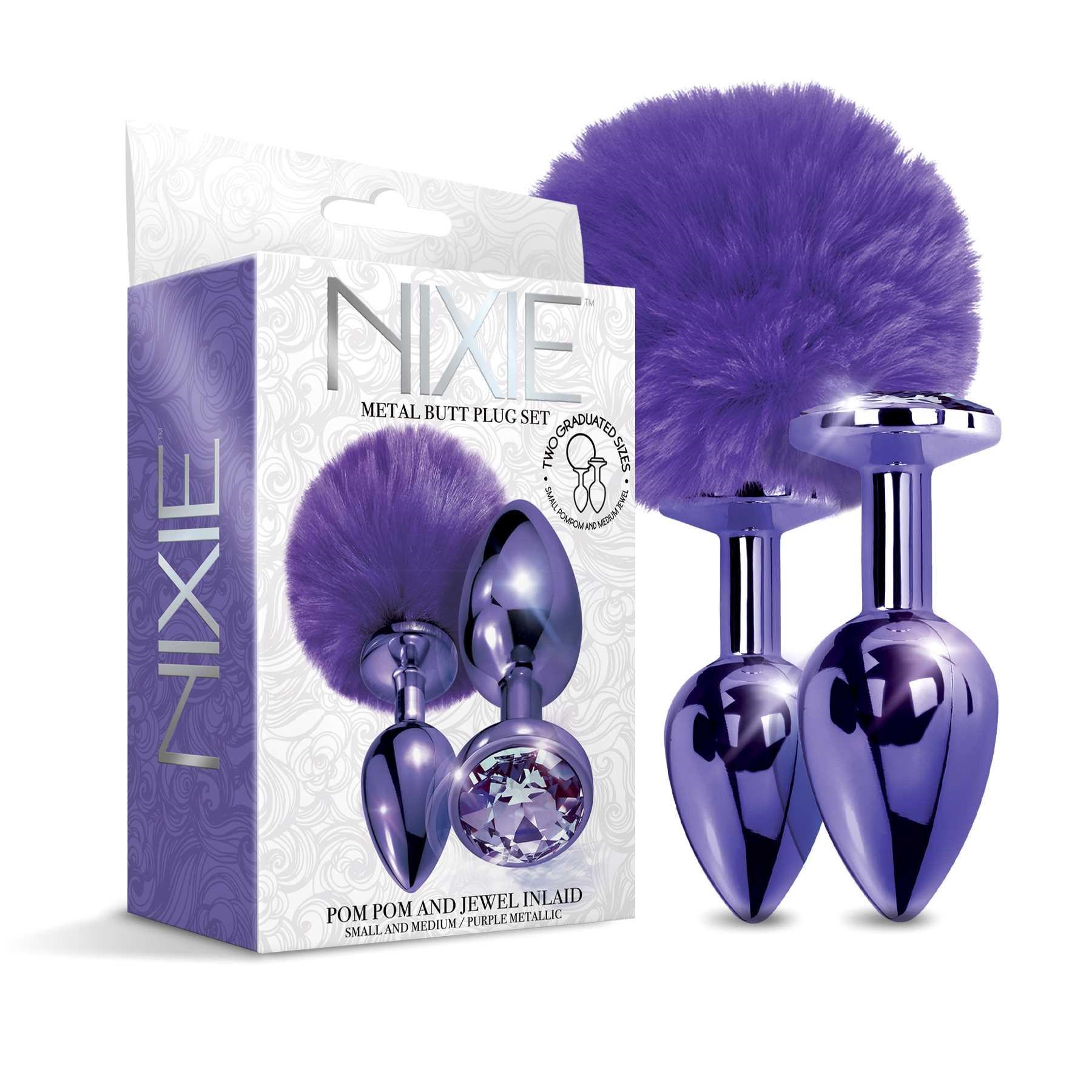 NIXIE Metal Butt Plug Set Pom Pom and Jewel Inlaid Metallic purple with box