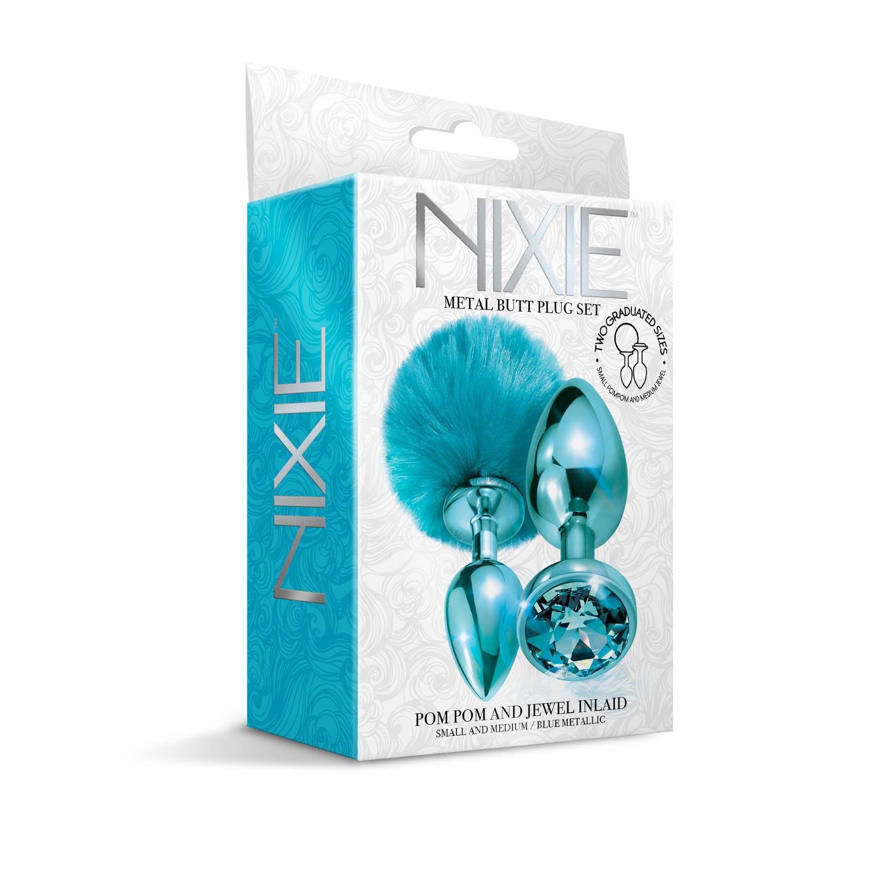 NIXIE Metal Butt Plug Set Pom Pom and Jewel Inlaid Metallic blue box