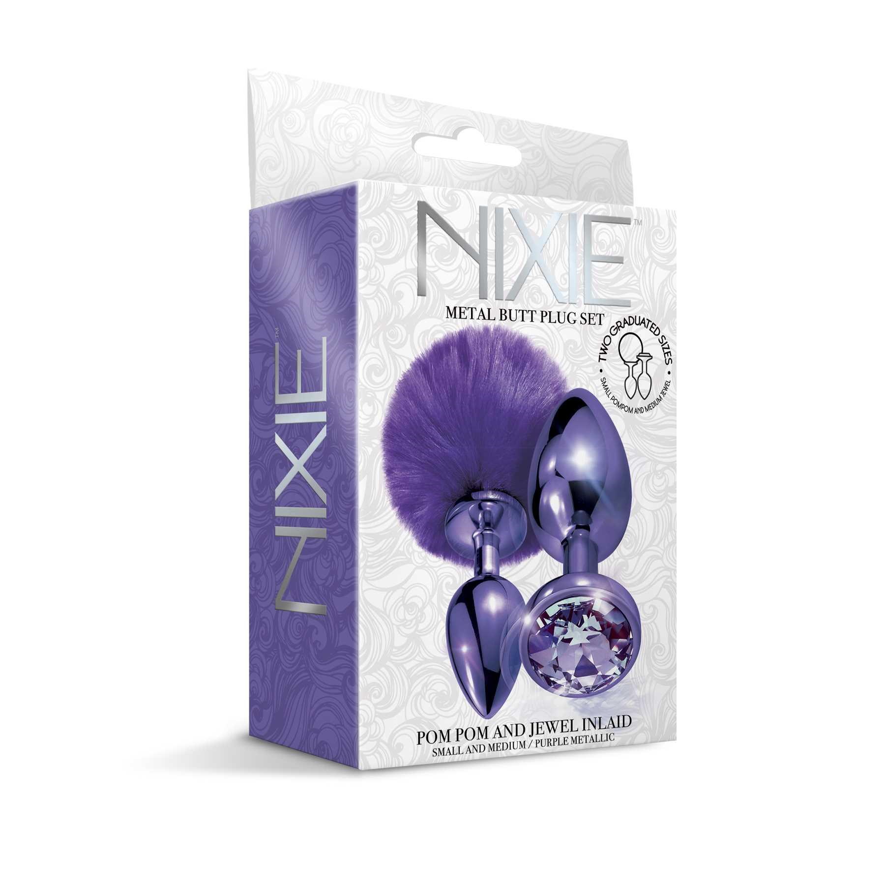 NIXIE Metal Butt Plug Set Pom Pom and Jewel Inlaid Metallic purple box