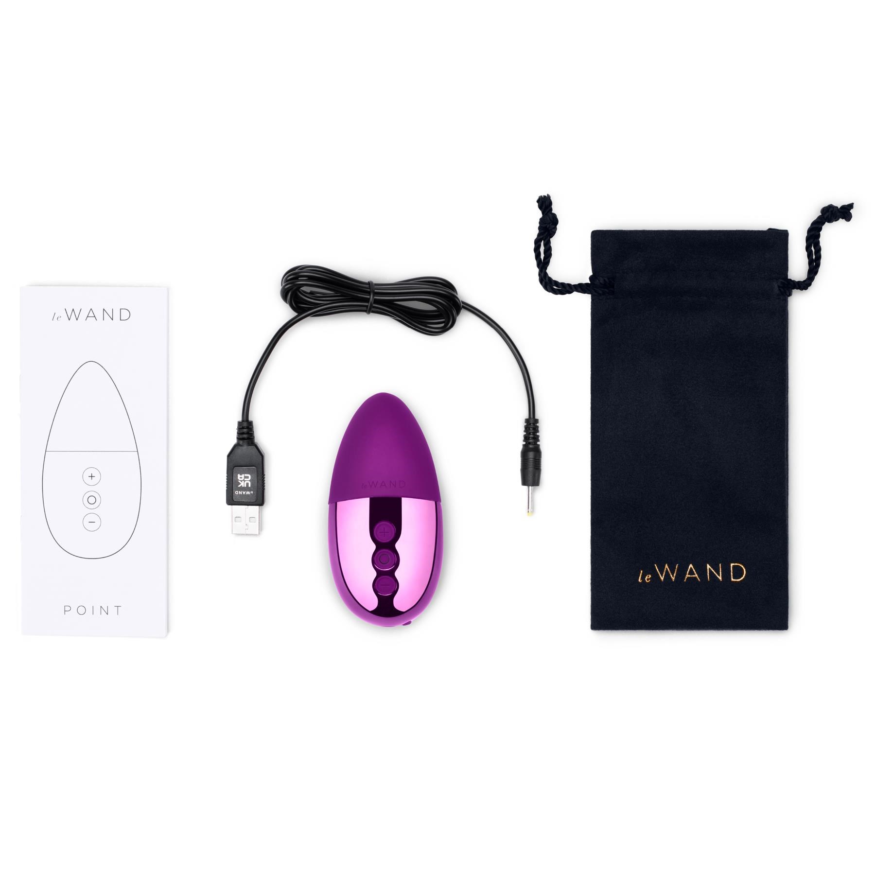 Le Wand Chrome Point Layon Vibrator - Product, Charging Cable and Storage Bag