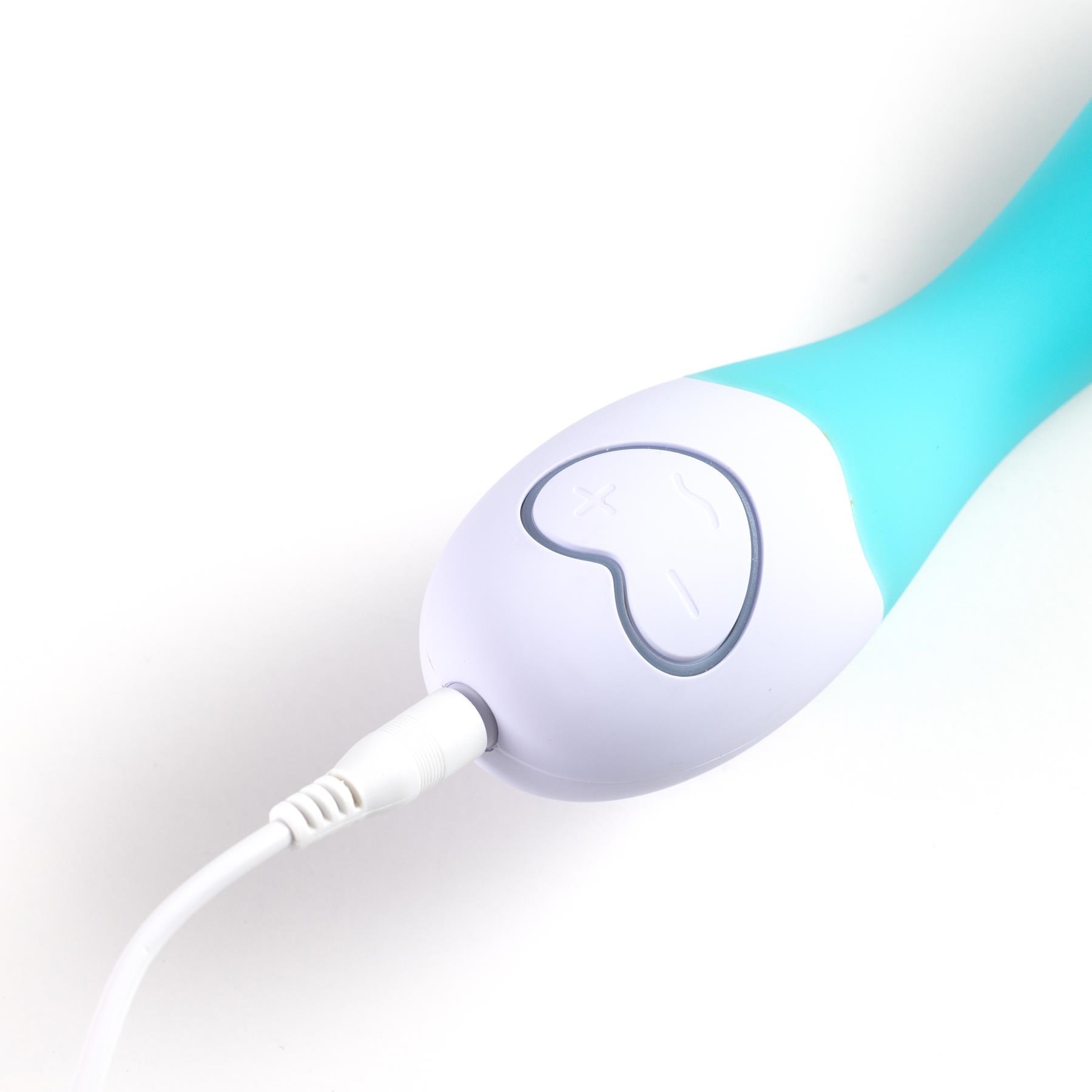 OhMiBod Lovelife Cuddle G-Spot Massager - Showing Where Charger Cable is Placed - Turquoise
