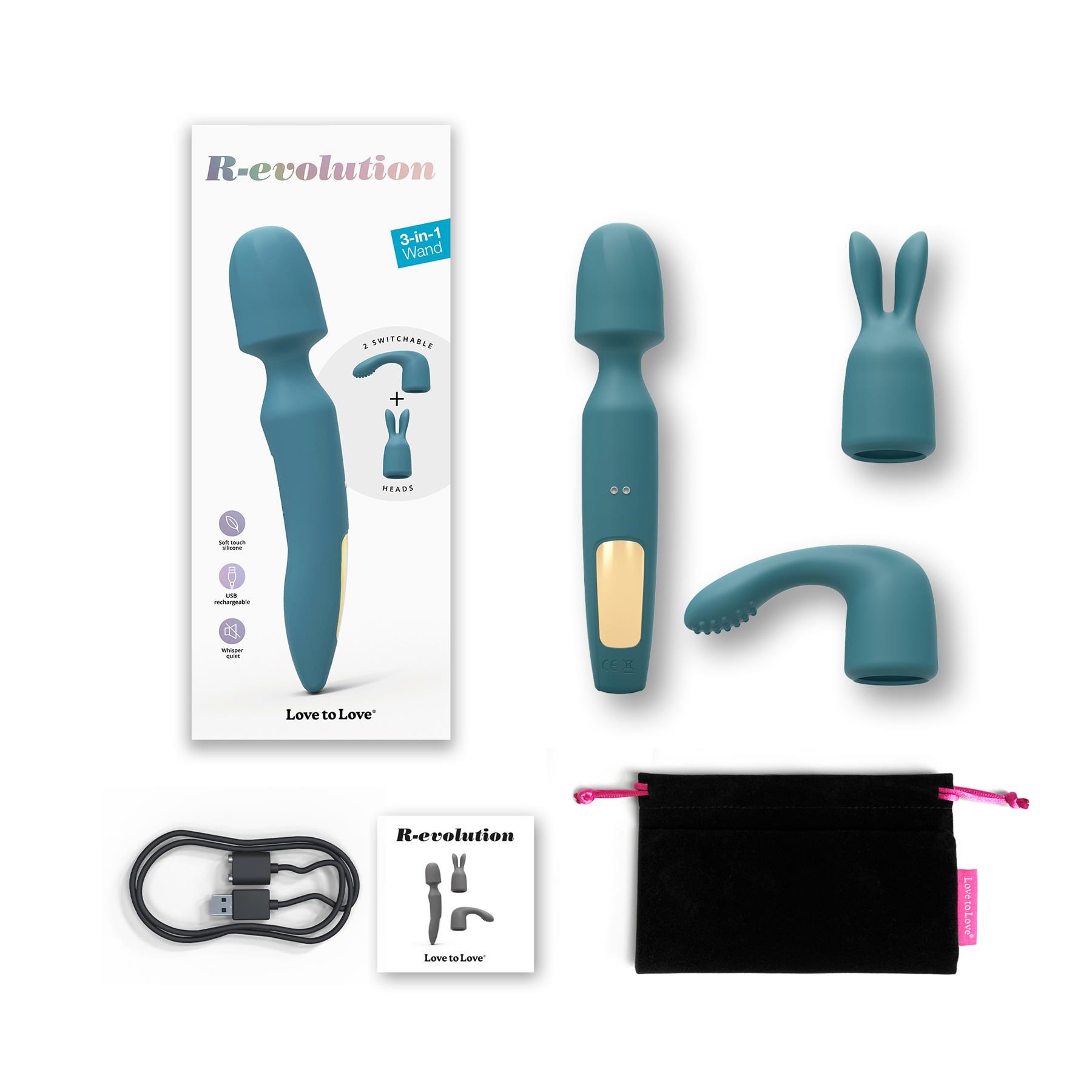 R-Evolution Wand Massager With Attachments - All Components and Packaging