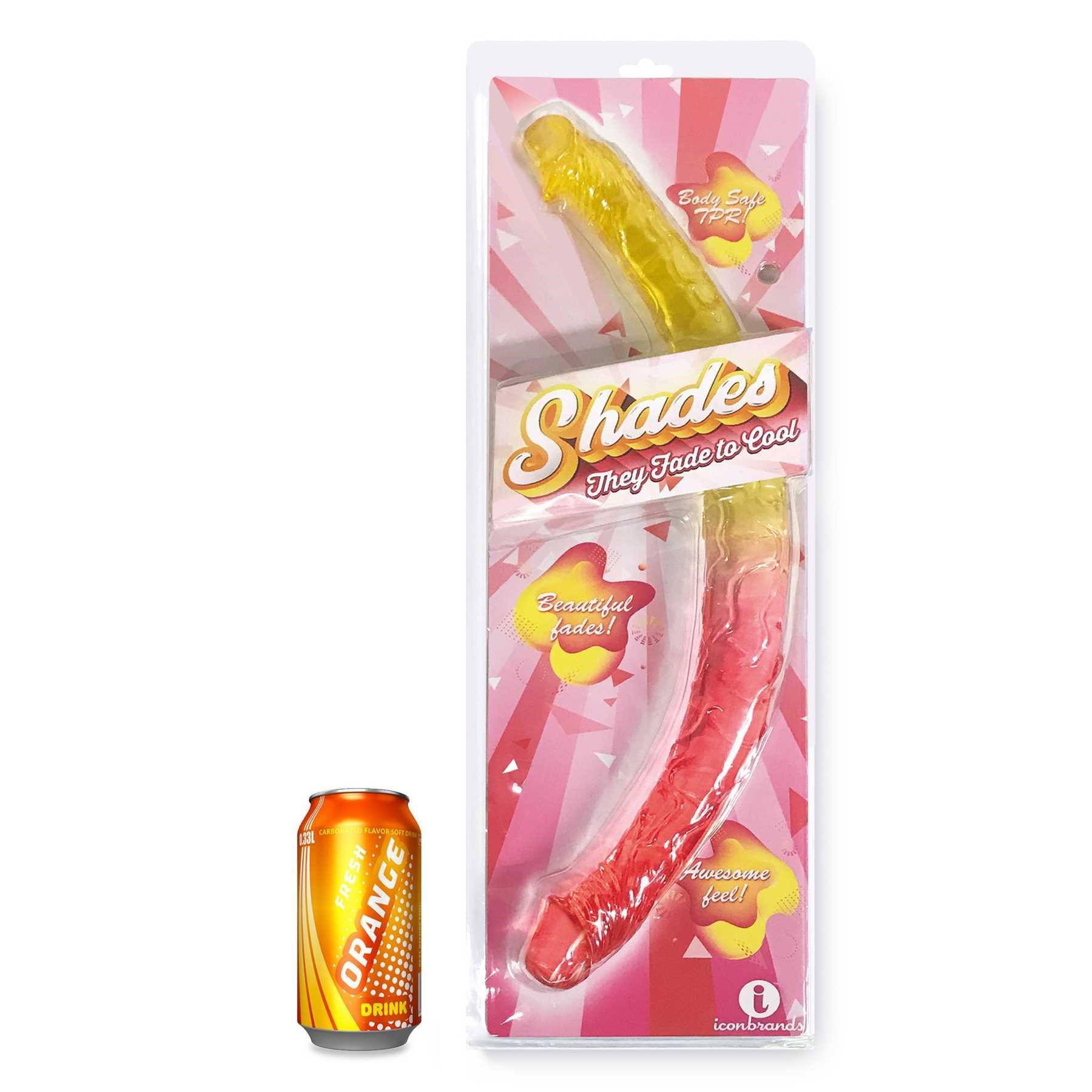 SHADES FADE TO COOL REALISTIC 17 INCH DOUBLE DILDO next to soda can for scale