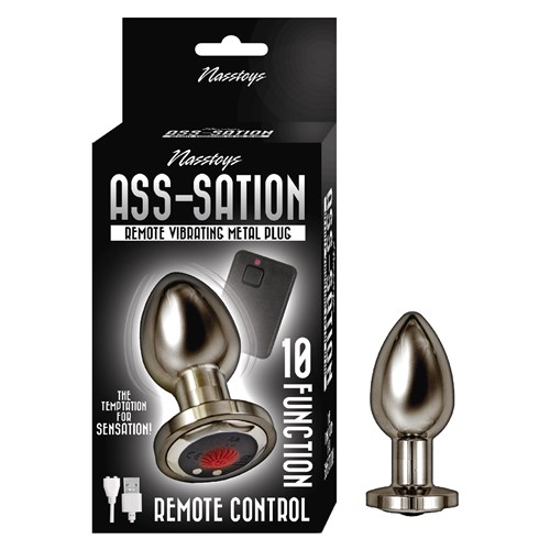 Ass-Sation Vibrating Metal Anal Plug with Remote Control - Product and Packaging