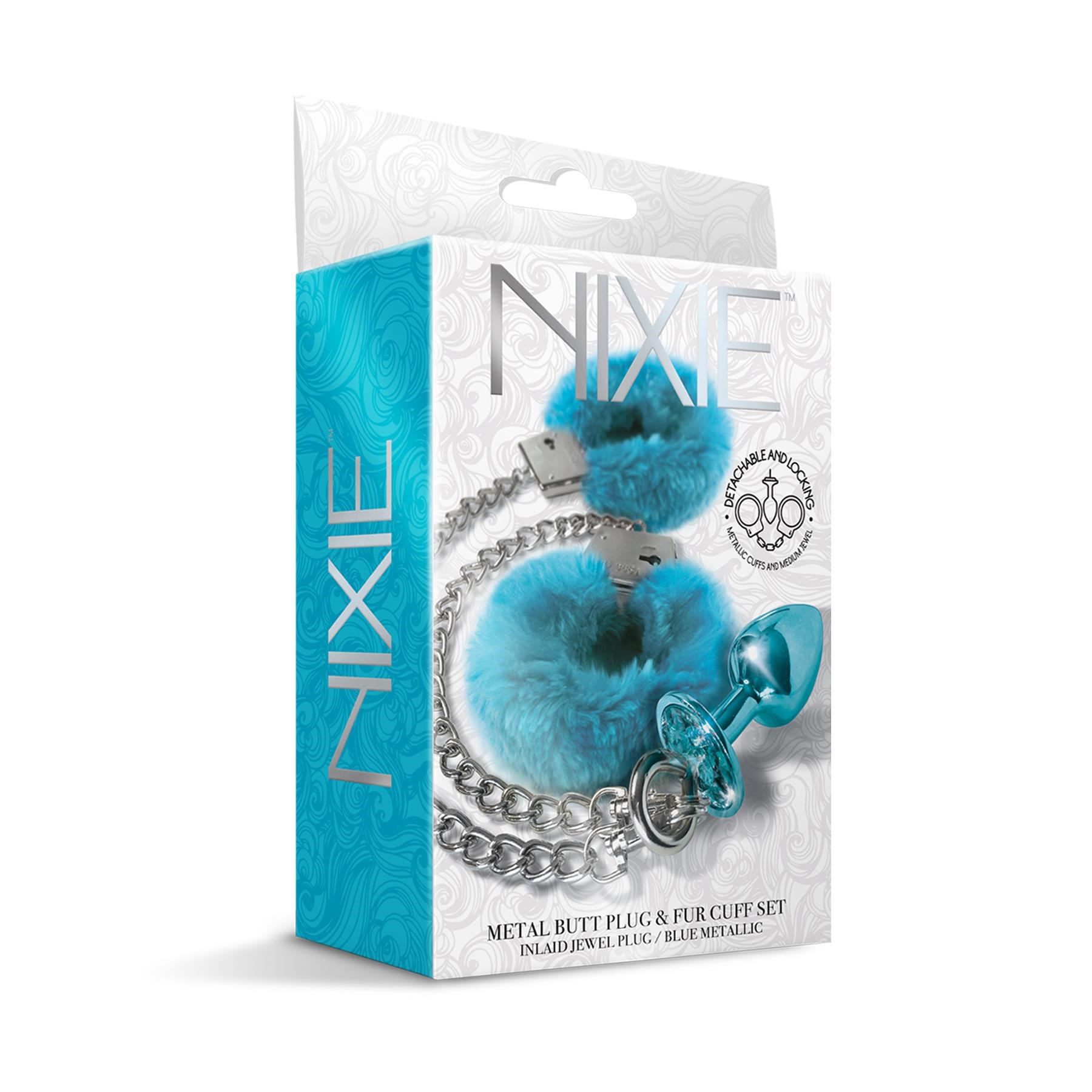 Nixie Metal Butt Plug and Fur Cuff Set - Packaging Shot - Blue