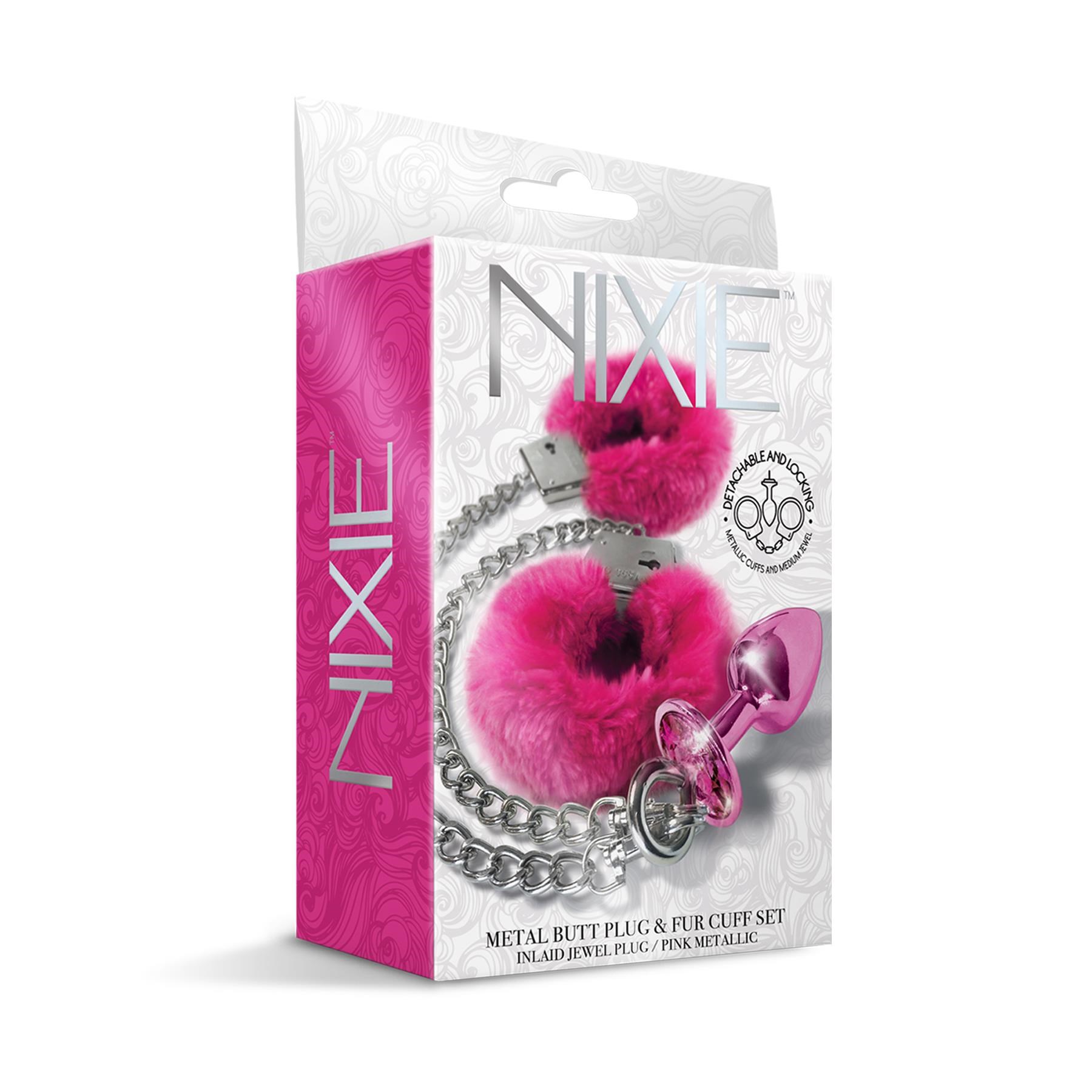 Nixie Metal Butt Plug and Fur Cuff Set - Packaging Shot - Pink