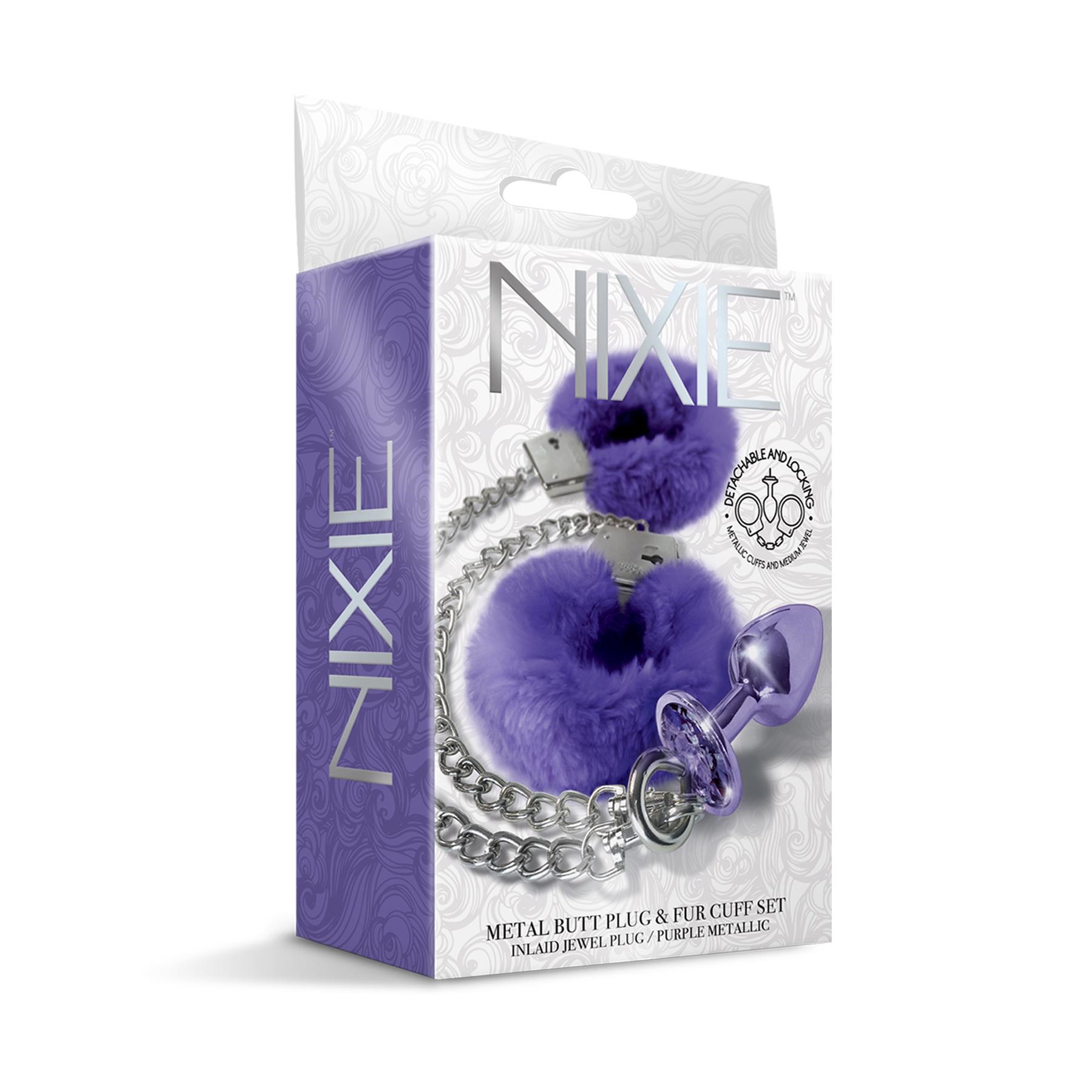 Nixie Metal Butt Plug and Fur Cuff Set - Packaging Shot - Purple