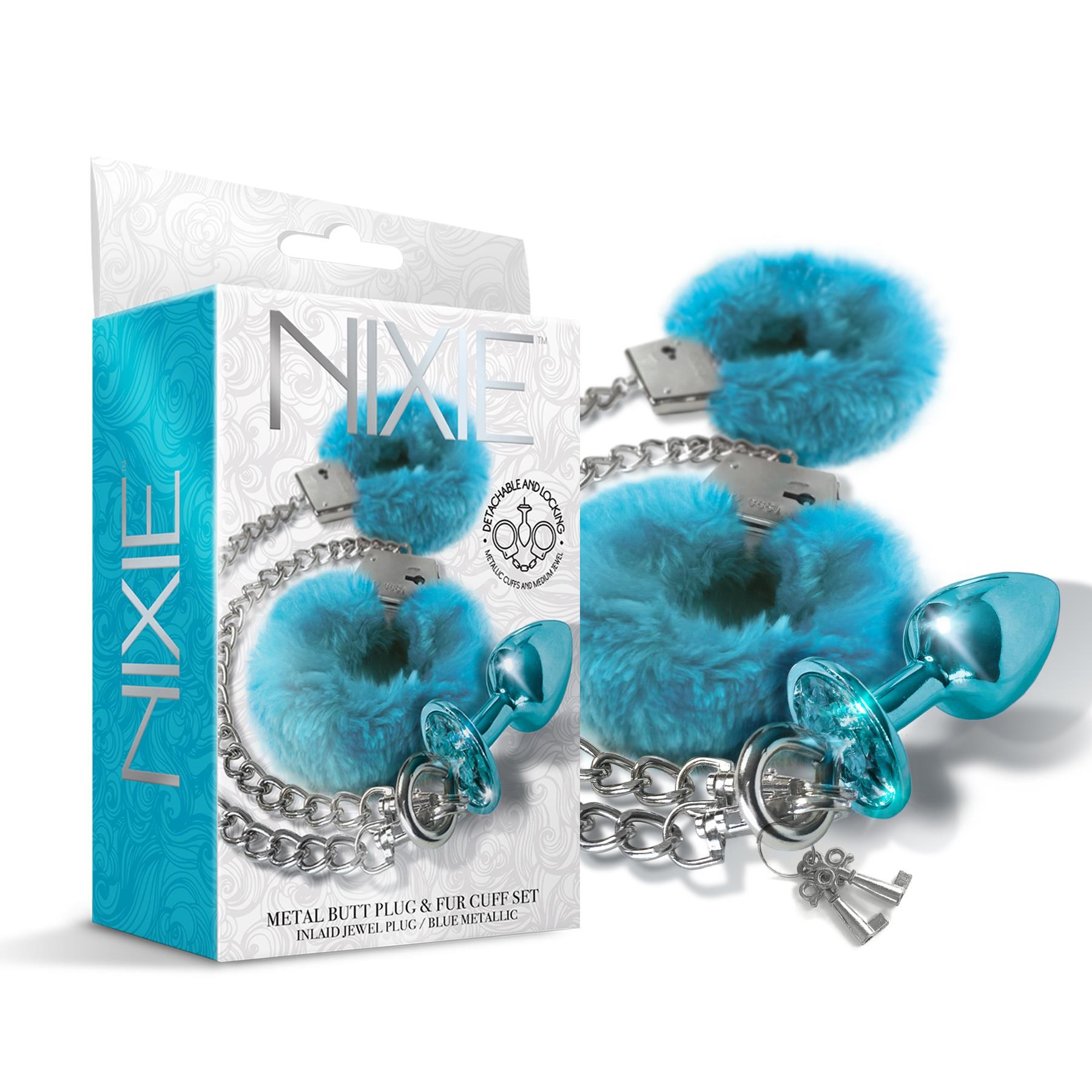 Nixie Metal Butt Plug and Fur Cuff Set - Product and Packaging Shot - Blue