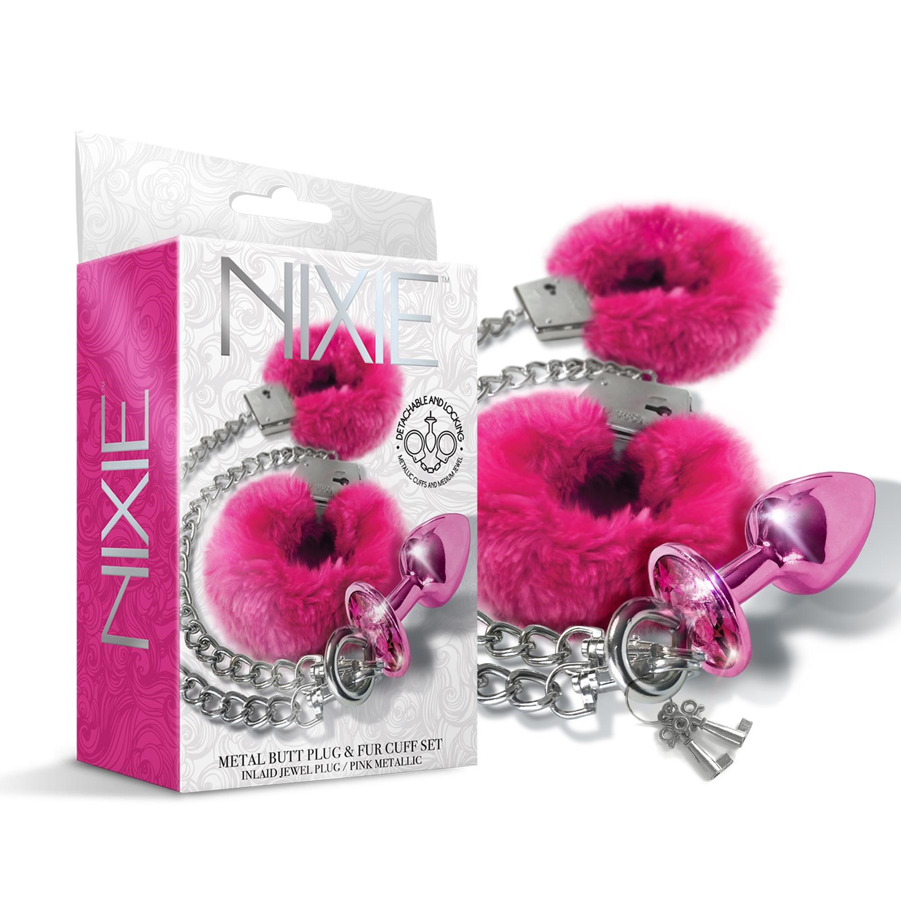 Nixie Metal Butt Plug and Fur Cuff Set - Product and Packaging Shot - Pink