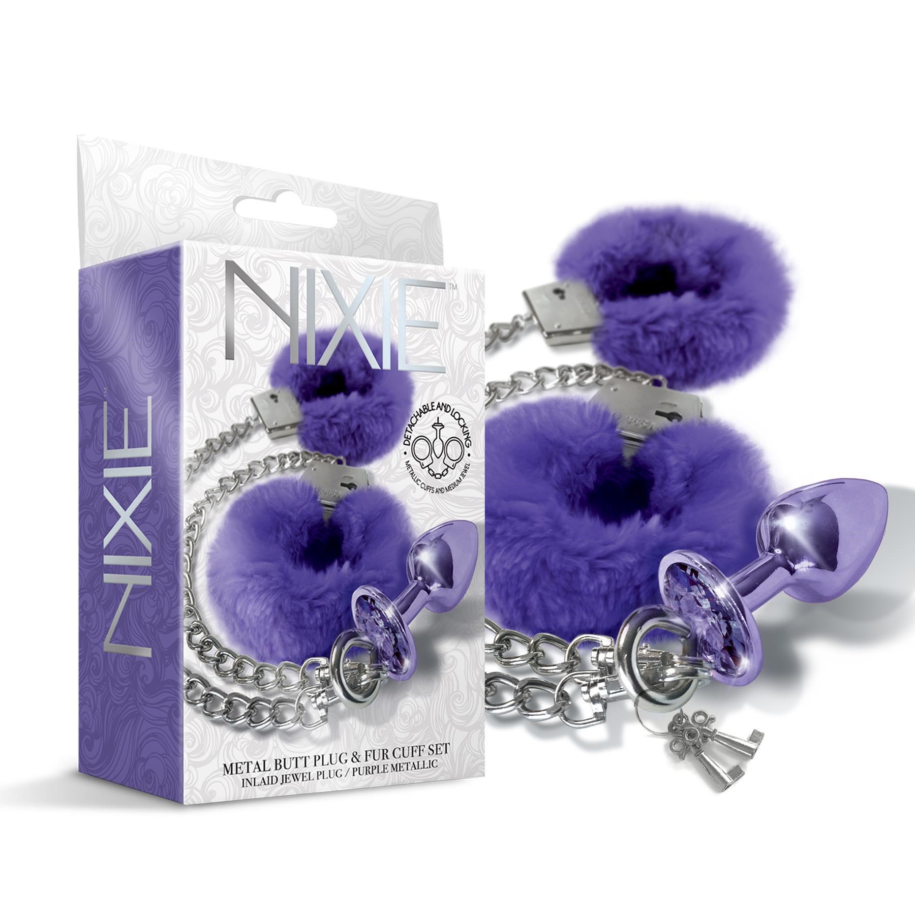 Nixie Metal Butt Plug and Fur Cuff Set - Product and Packaging Shot - Purple