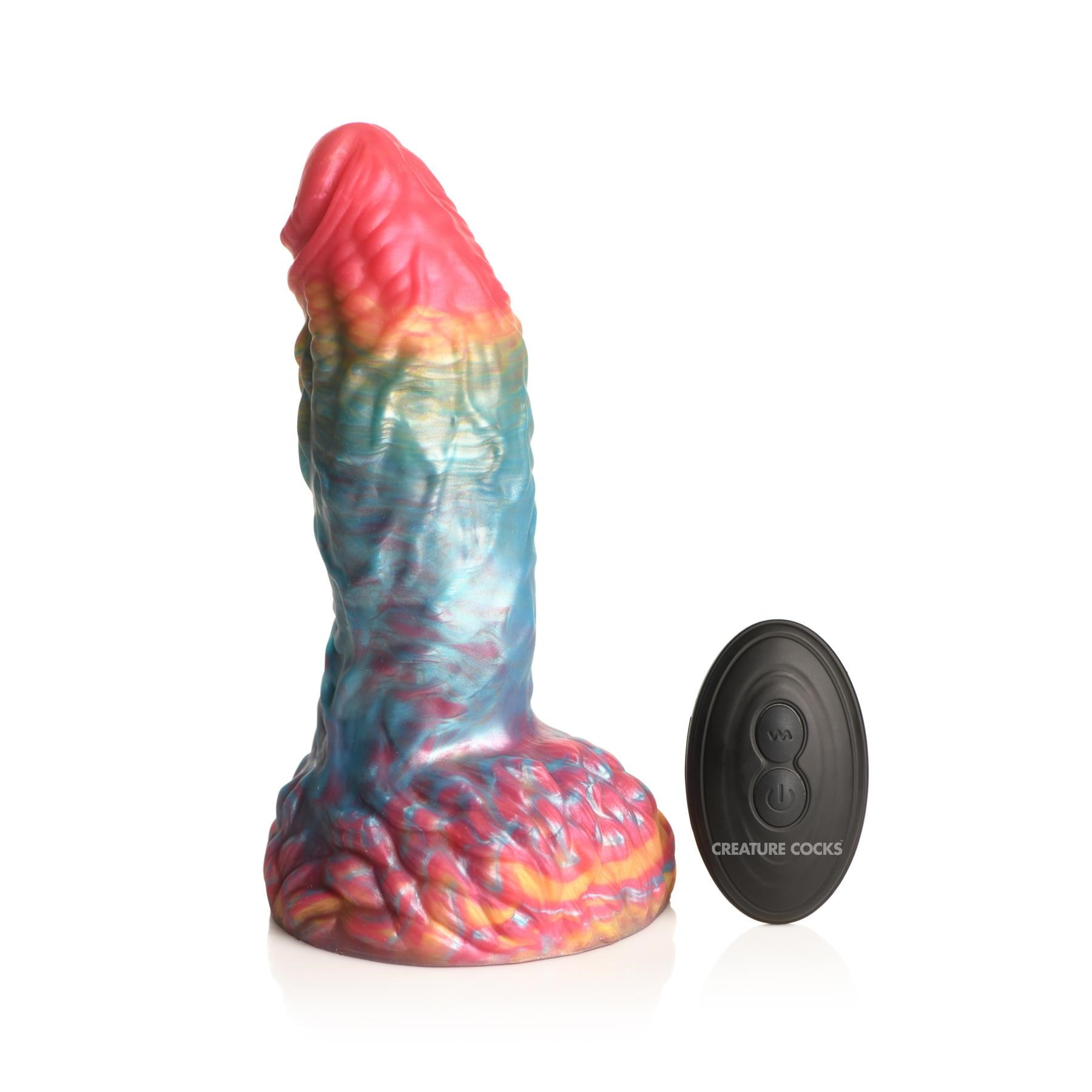 CreatureCocks Rainbow Phoenix Vibrating Dildo with Remote - Product and Remote