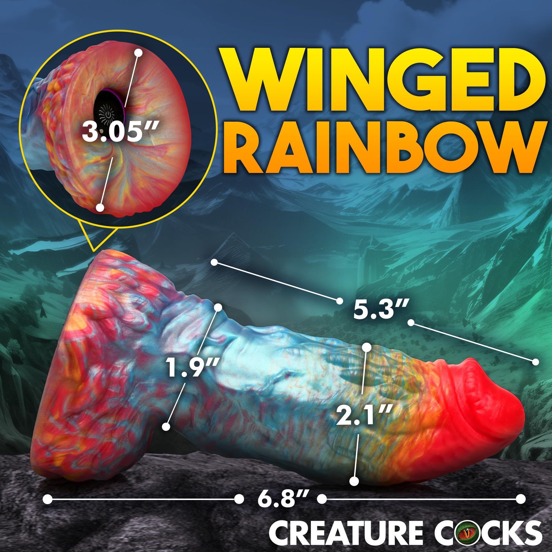 CreatureCocks Rainbow Phoenix Vibrating Dildo with Remote - Showing Where Charging Cable Placed
