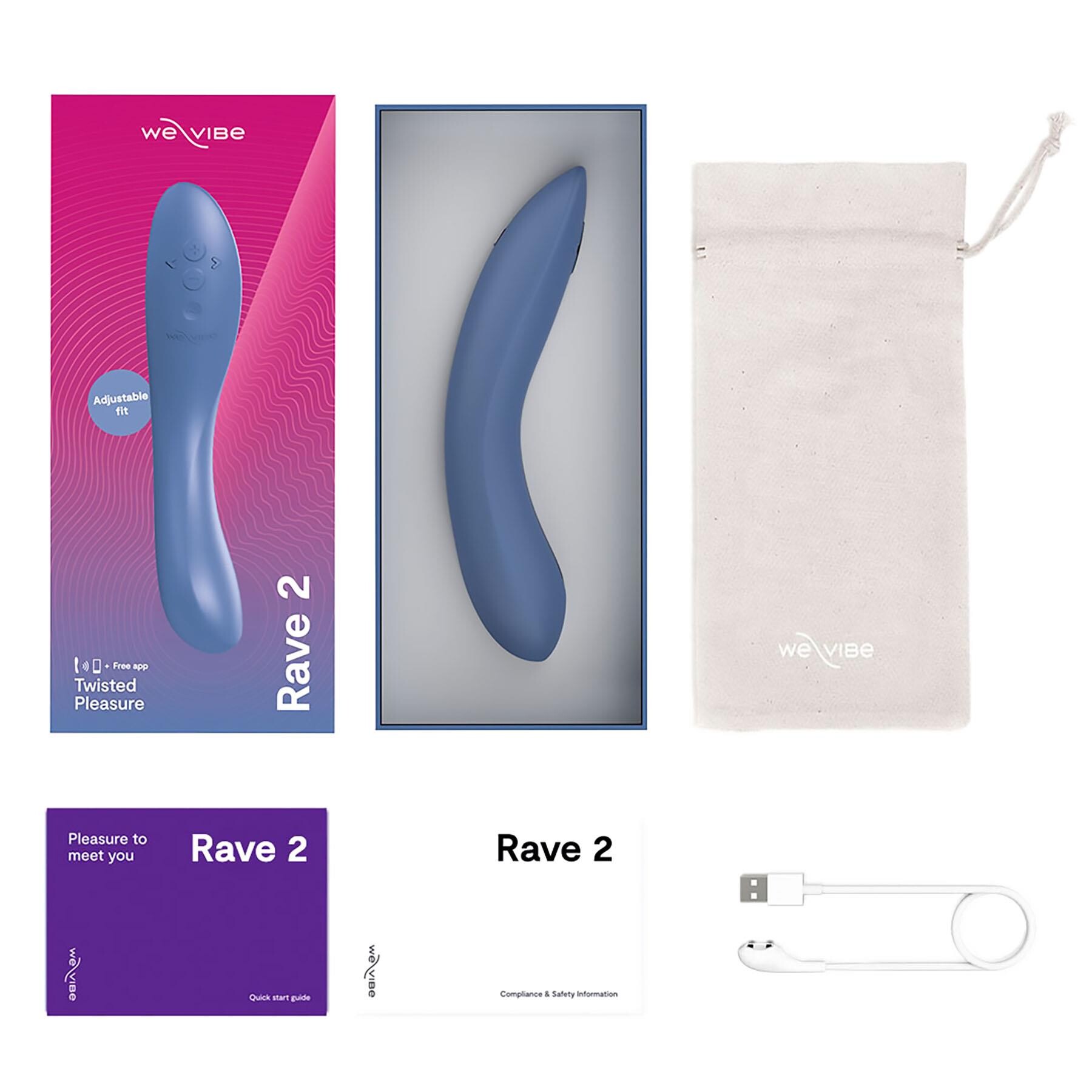 We-Vibe Rave 2 App Enabled G-Spot Vibrator product, charger and manual