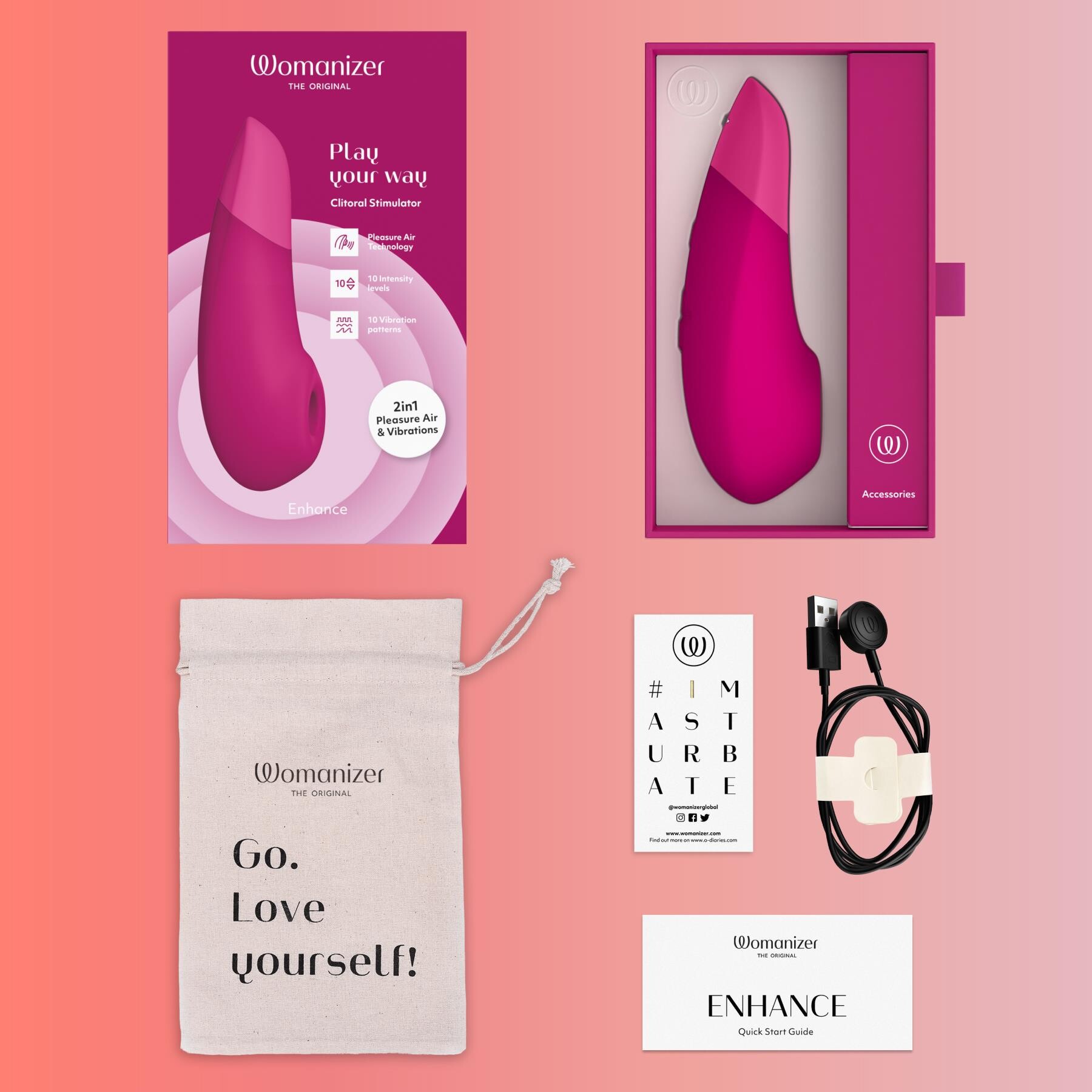 Womanizer Enhance Pleasure Air Clitoral Stimulator pink all pieces