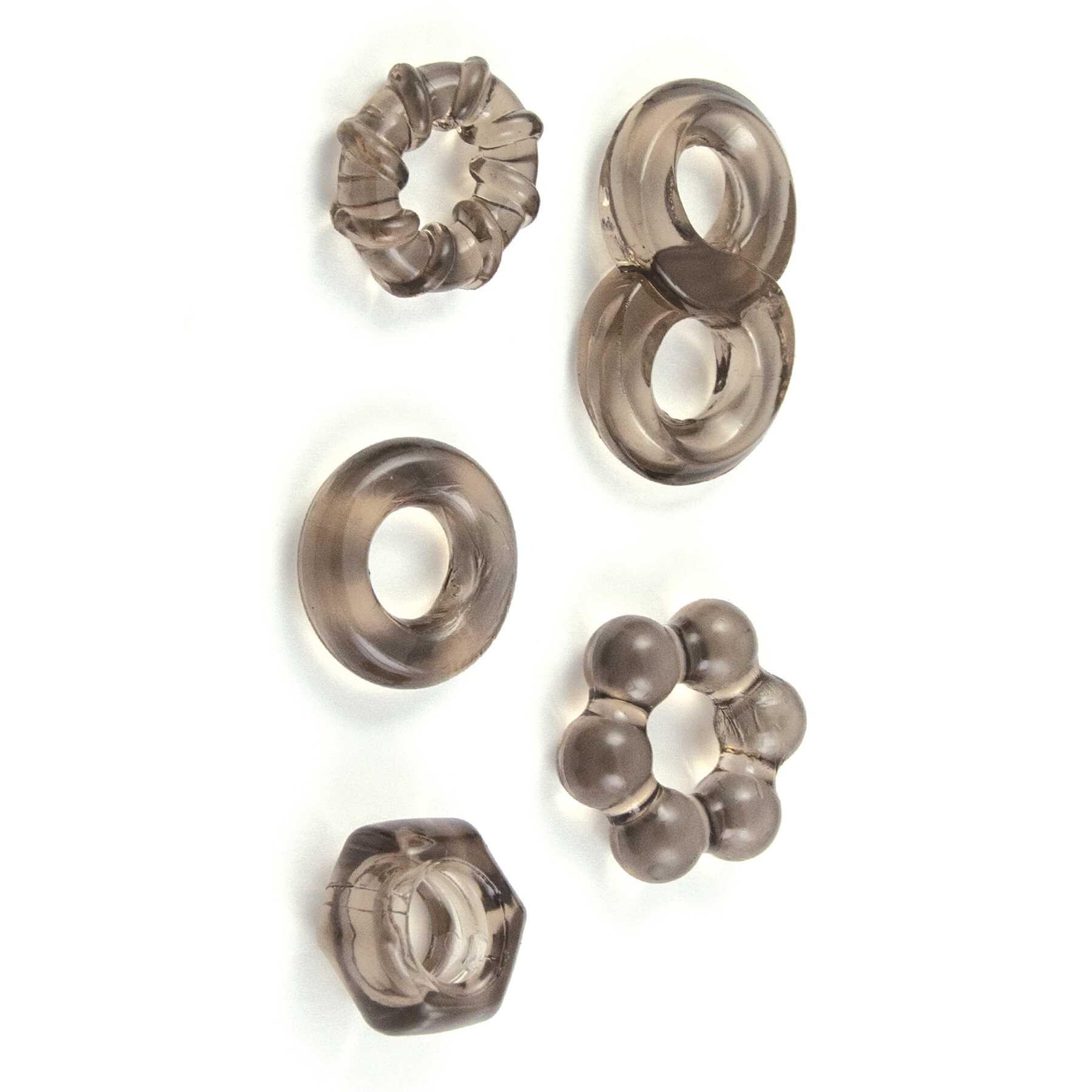 ENHANCER FIVE PIECE COCK RING SET-BLACK showing all 6 rings