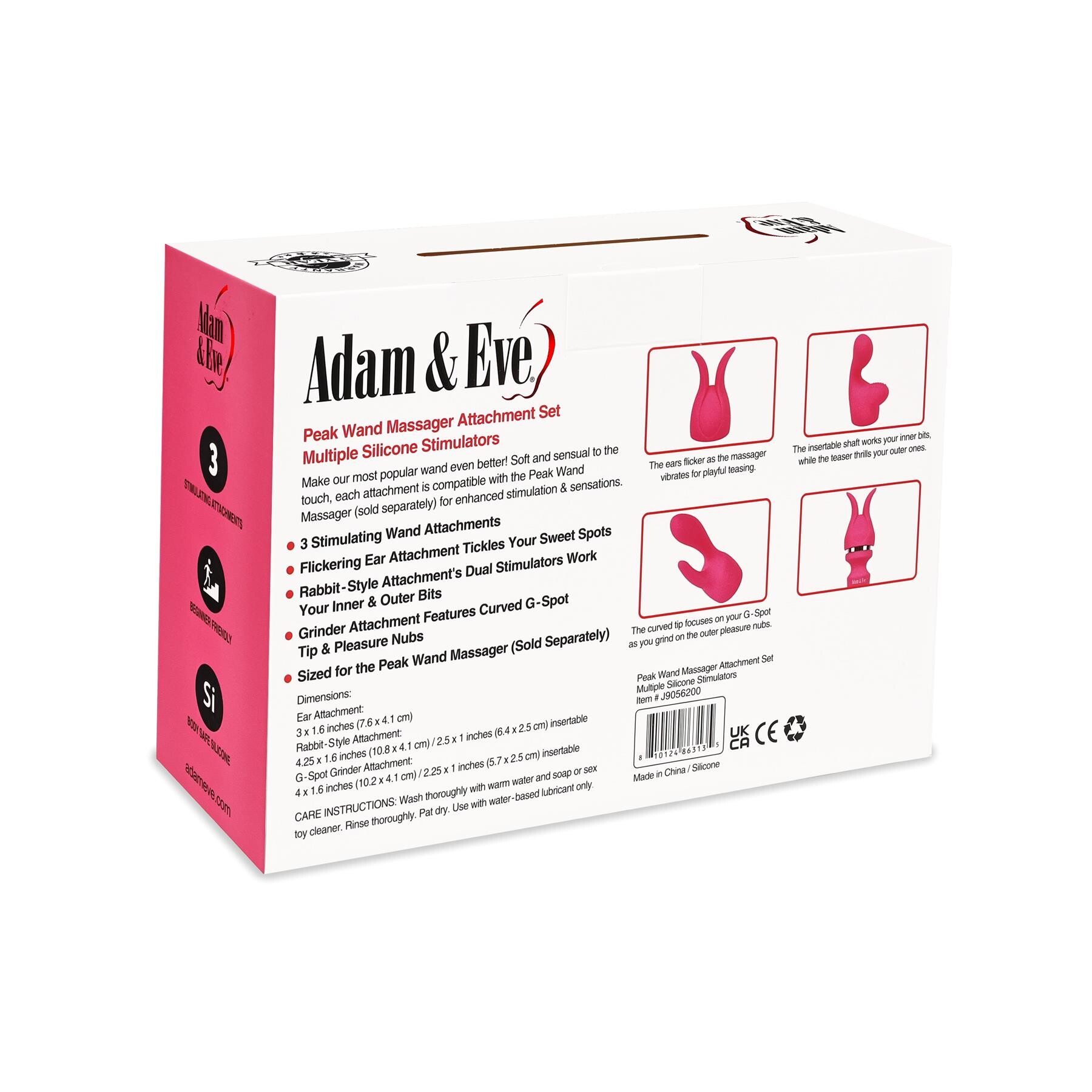 Adam & Eve Peak Wand Massager Attachment Set back of box