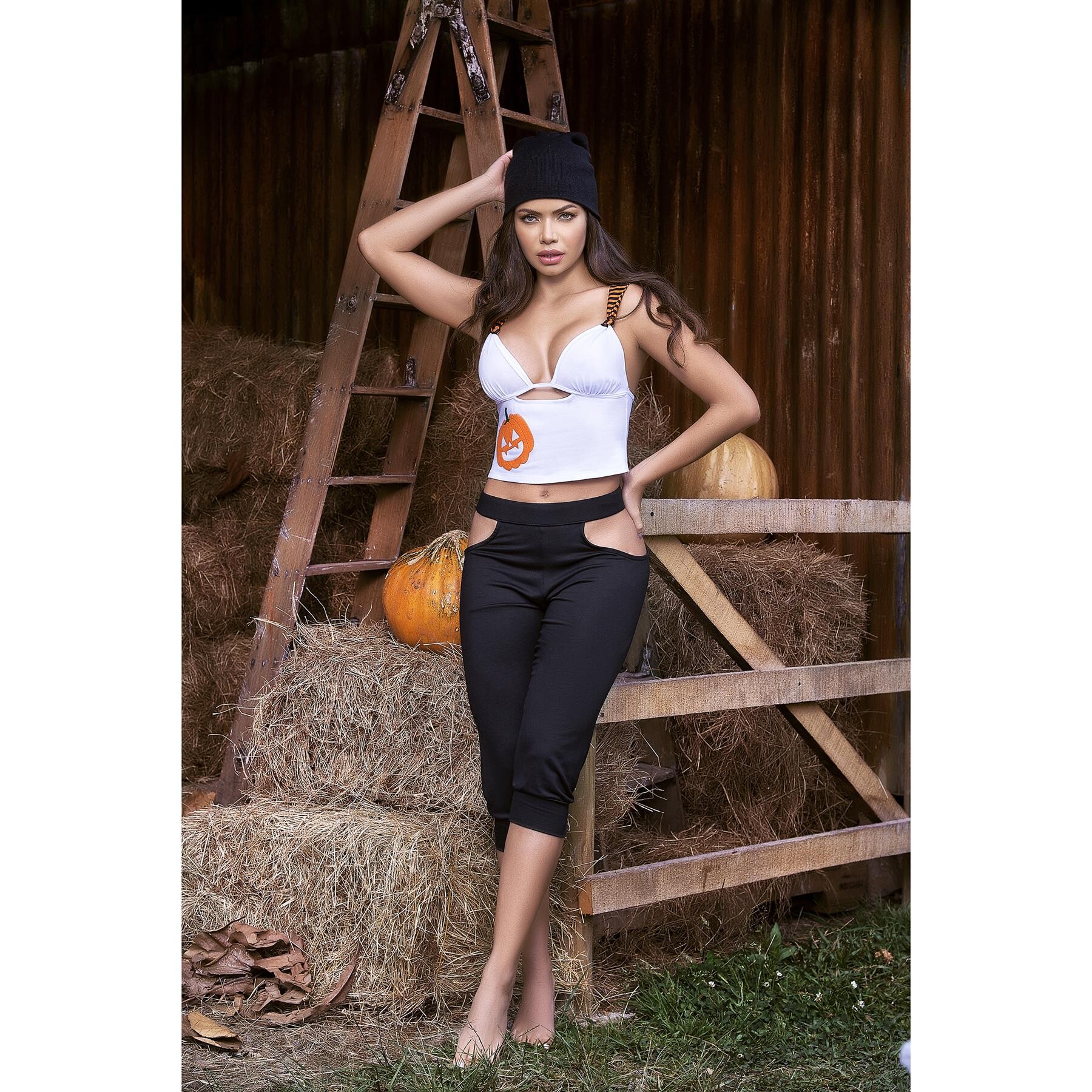 Pumpkin PJ with Striped Straps Top and Capris with Waist Cuts glam front