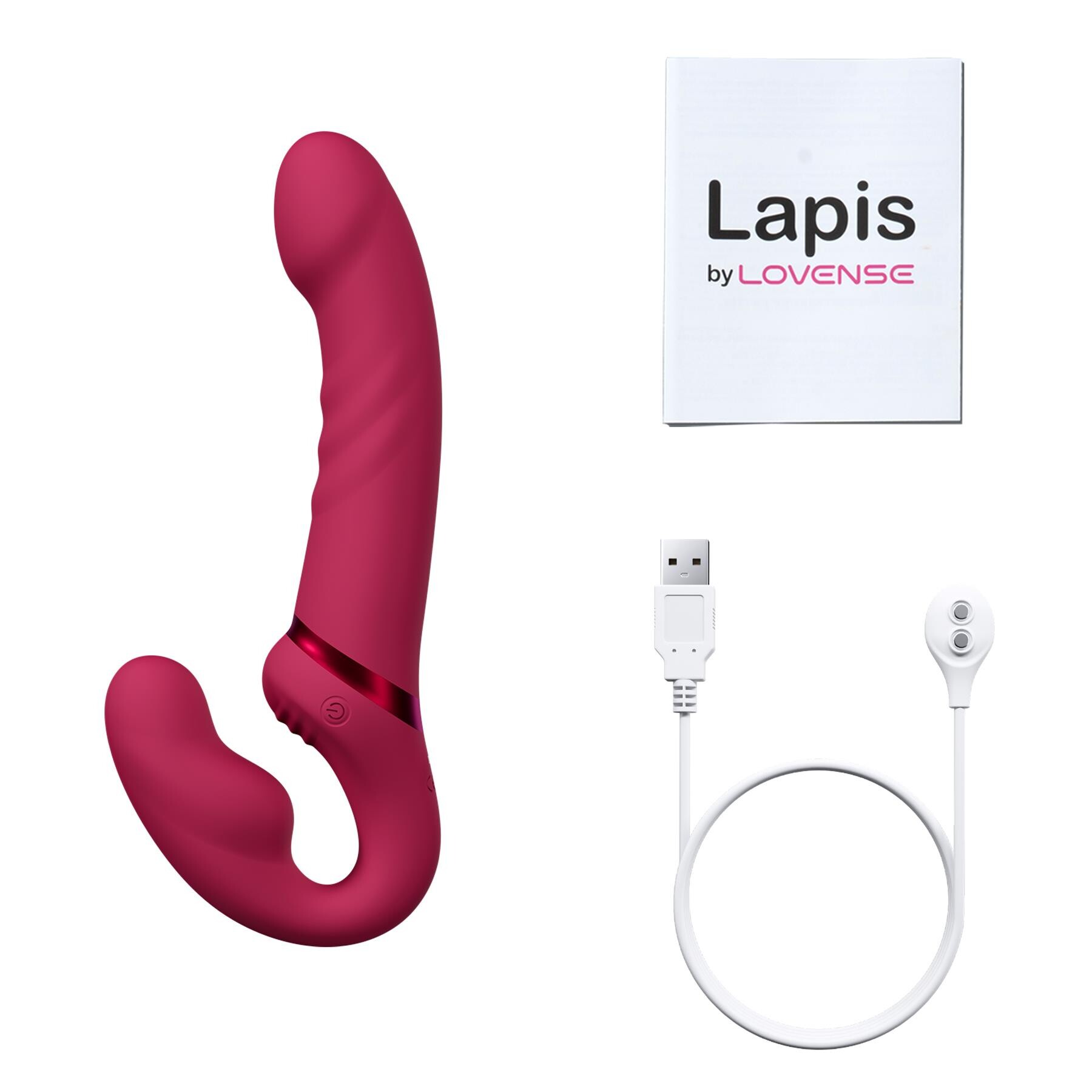 Lovense Lapis Bluetooth Strapless Strap-On with manual and charging cable