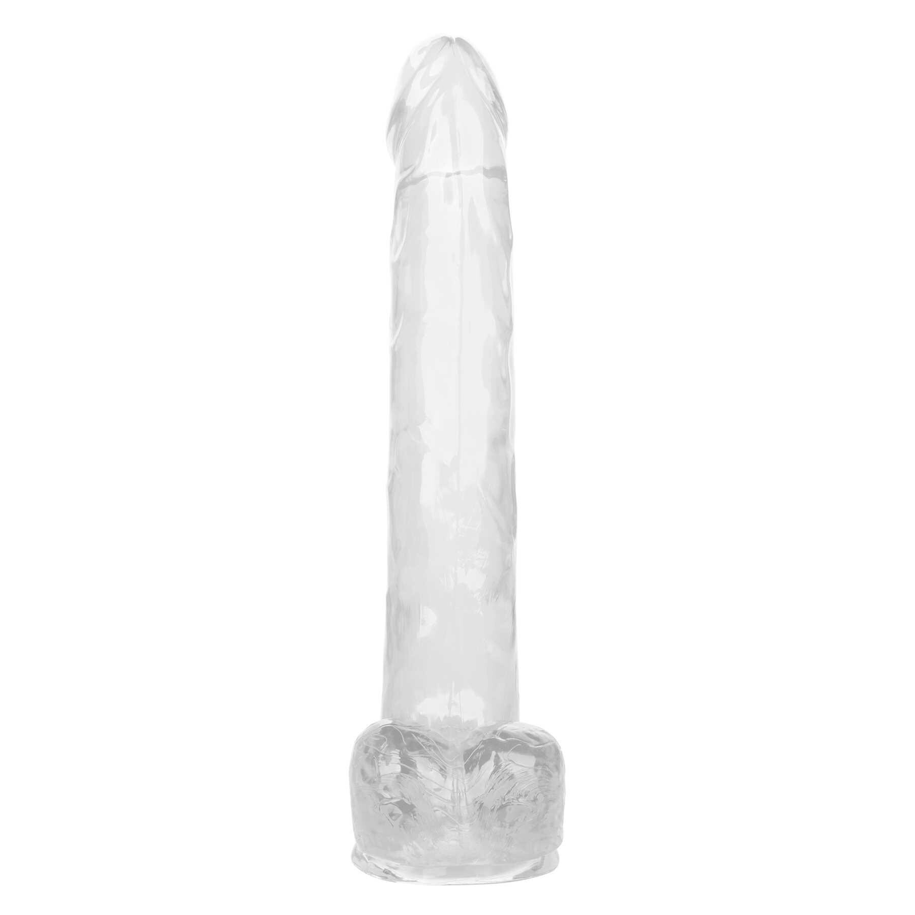 Size Queen 10 Inch Dildo Upright Product Shot With Balls to Right - Clear