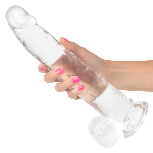 Size Queen 10 Inch Dildo Upright Product Shot With Balls to Right Hand Held-Clear