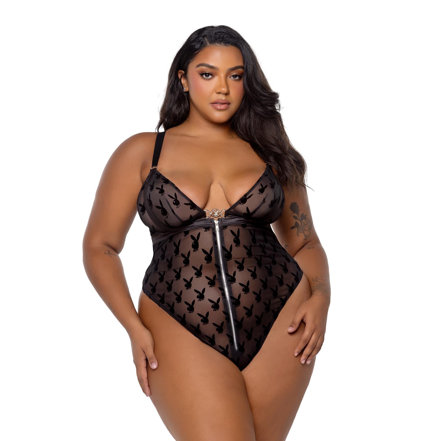 BURNOUT BUNNY WITH HARDWARE AND FRONT ZIP THONG TEDDY queen front