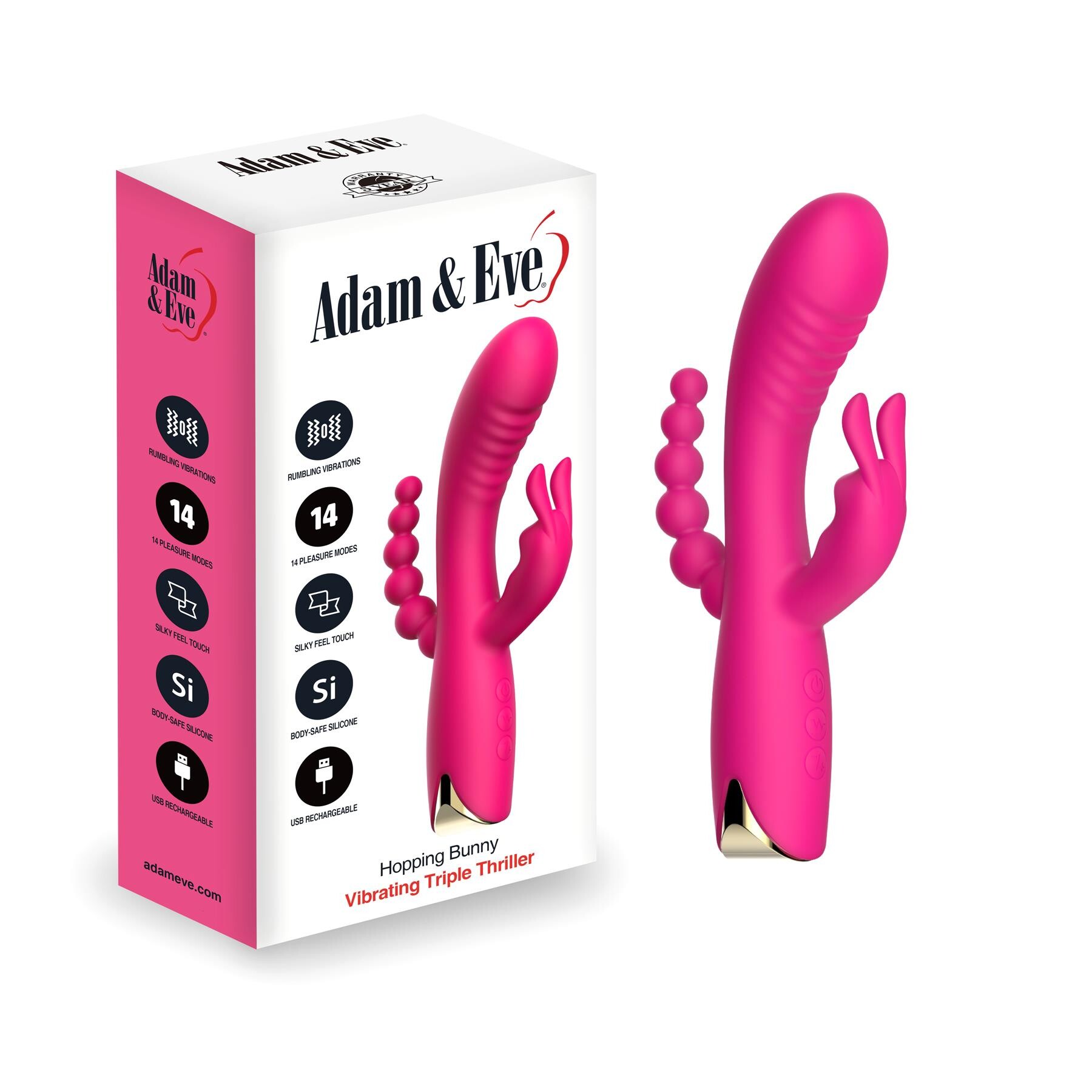 Adam & Eve Hopping Bunny Triple Stimulator - Product and Packaging
