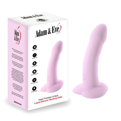 Adam & Eve Heart Throbber Liquid Silicone Vibrating G-Spot Dildo - Product and Packaging