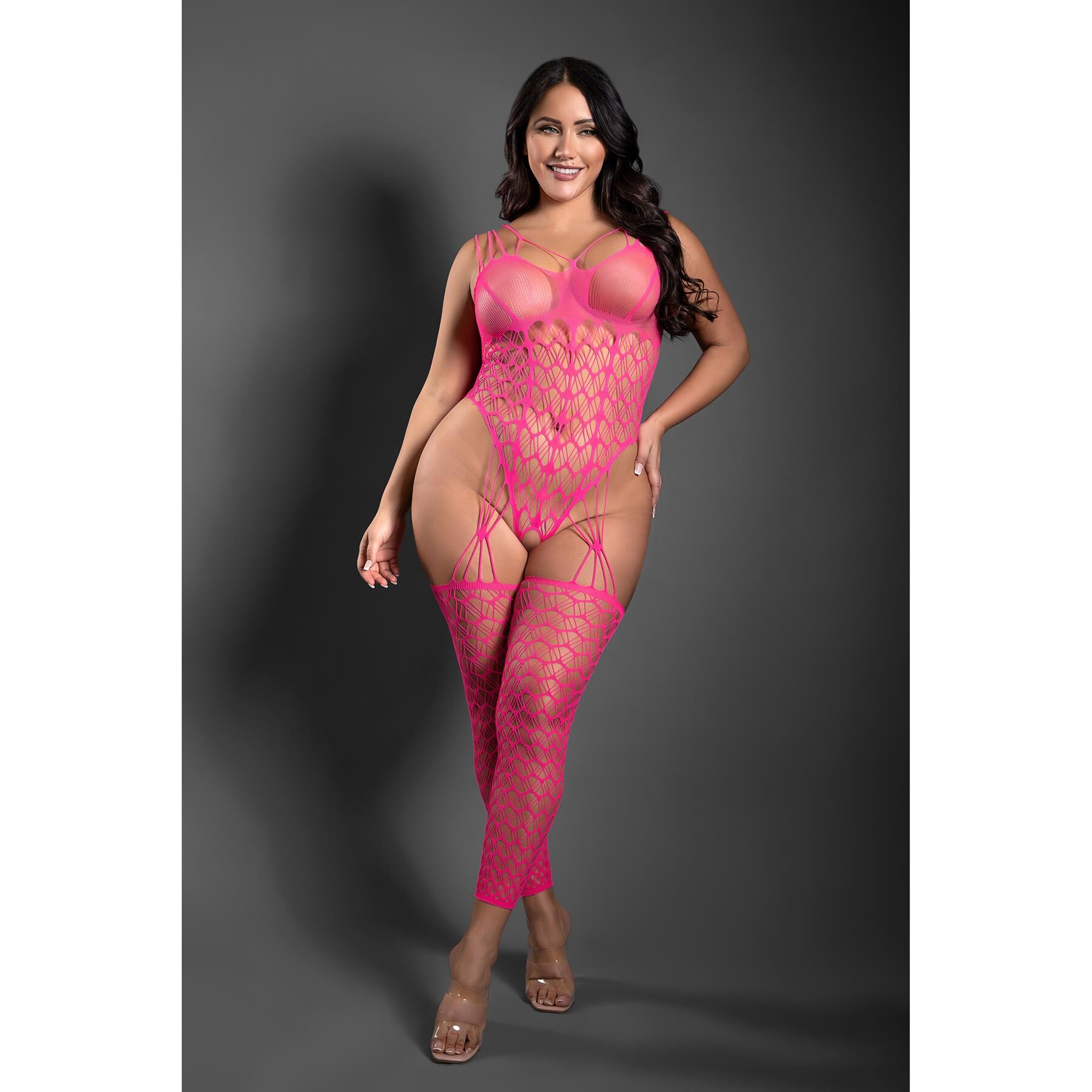 NEXT TO YOU Crotchless geometric fishnet teddy bodystocking queen front
