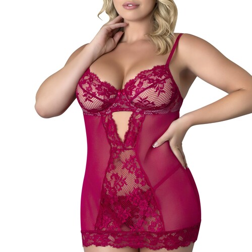 Black Cherrry Demi Cup Chemise & Thong Set queen front cropped