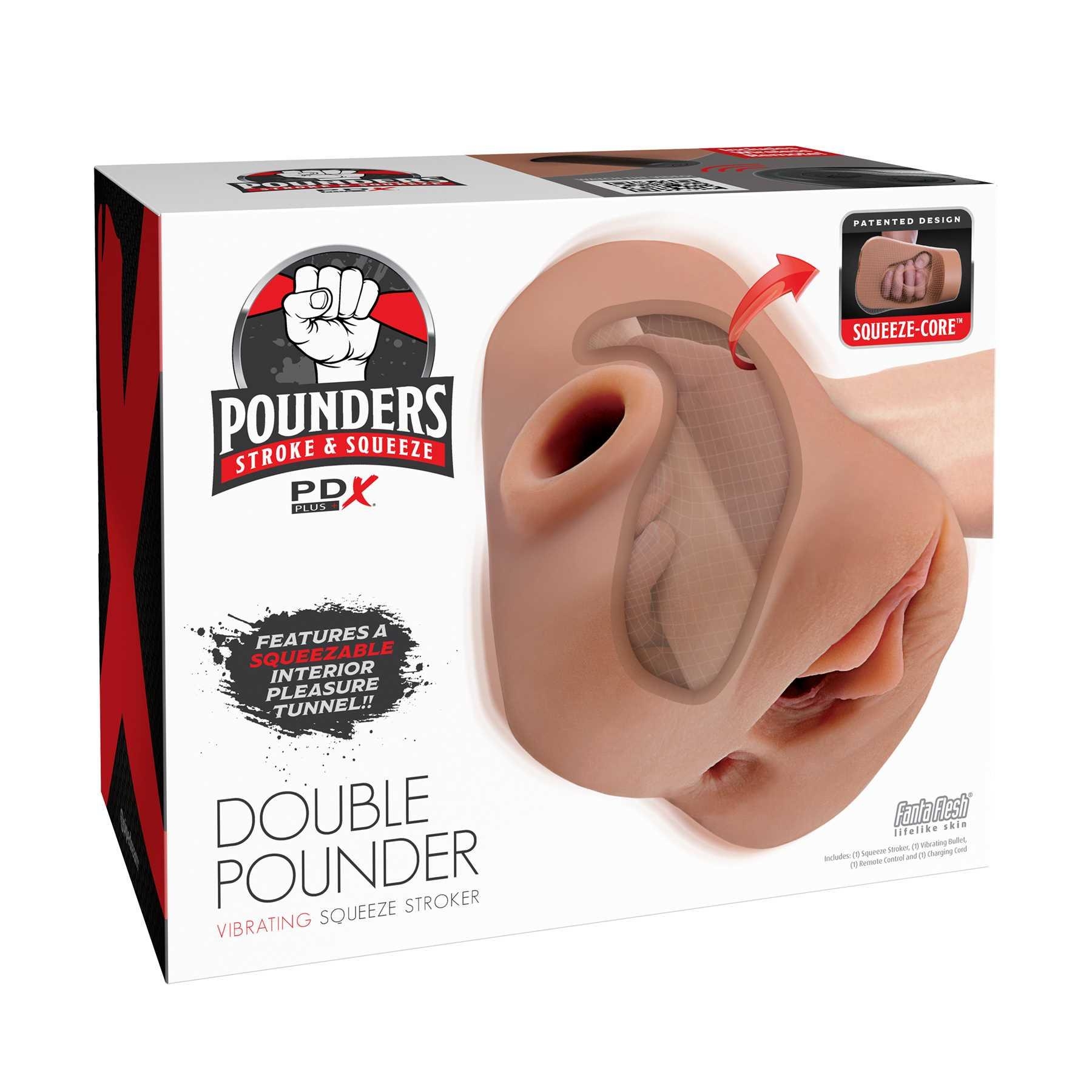 PDX Plus Double Pounder Vibrating Squeeze Stroker brown apckaging