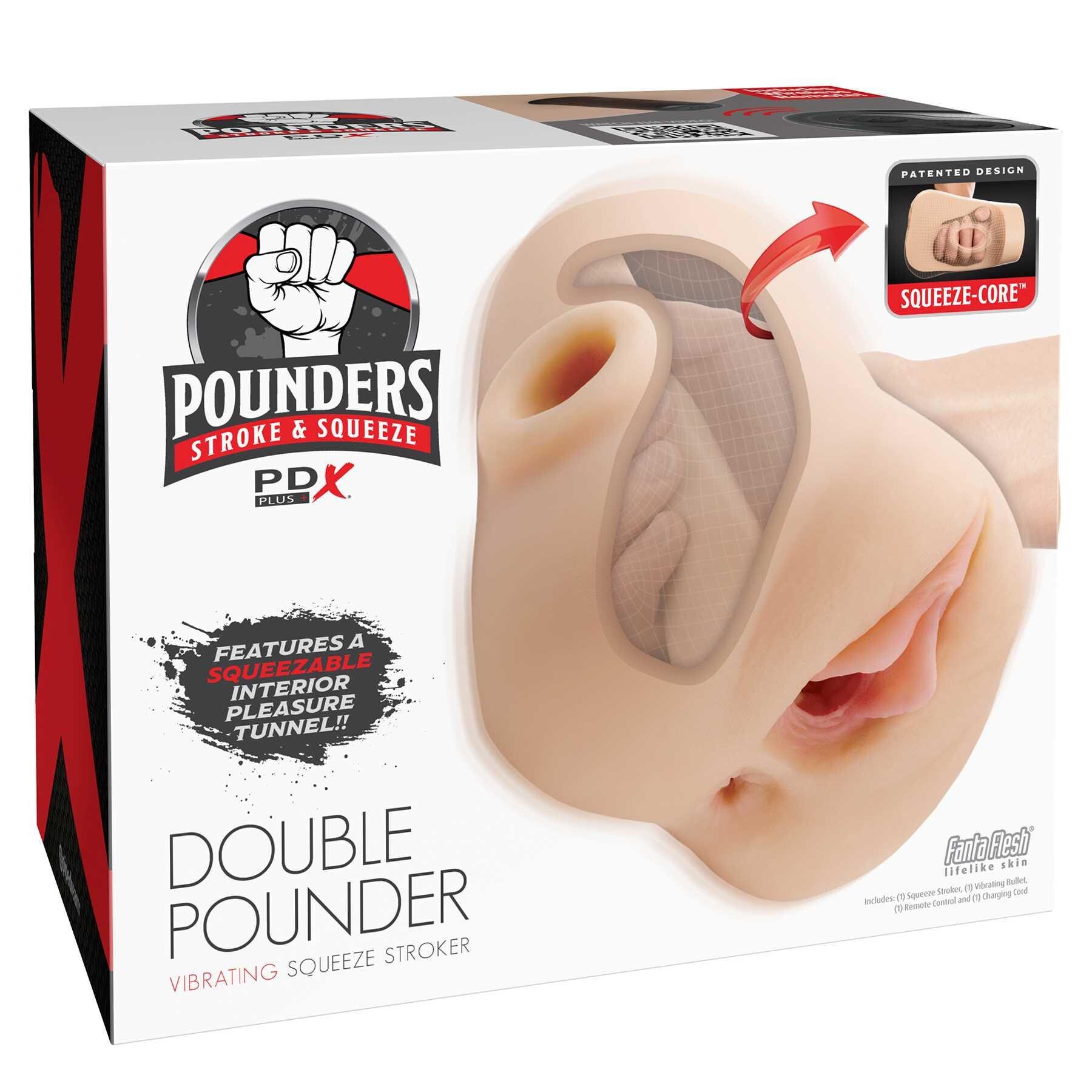 PDX Plus Double Pounder Vibrating Squeeze Stroker white packaging