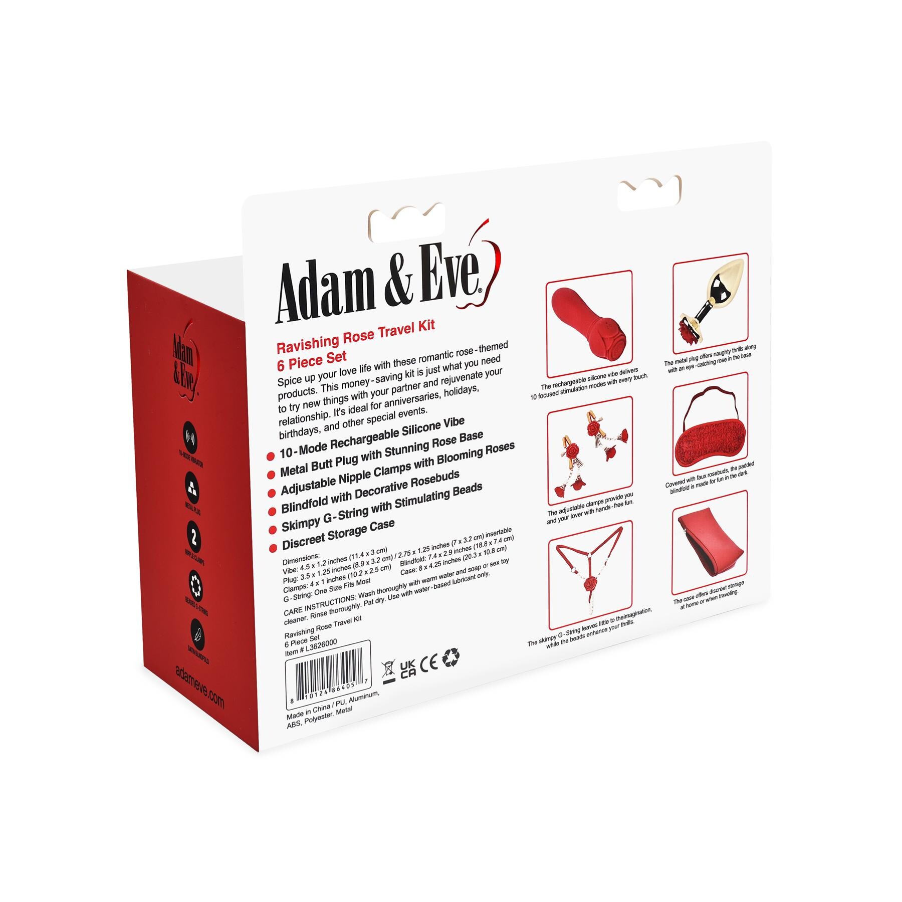 ADAM & EVE RAVISHING ROSE TRAVEL KIT BACK OF PACKAGE
