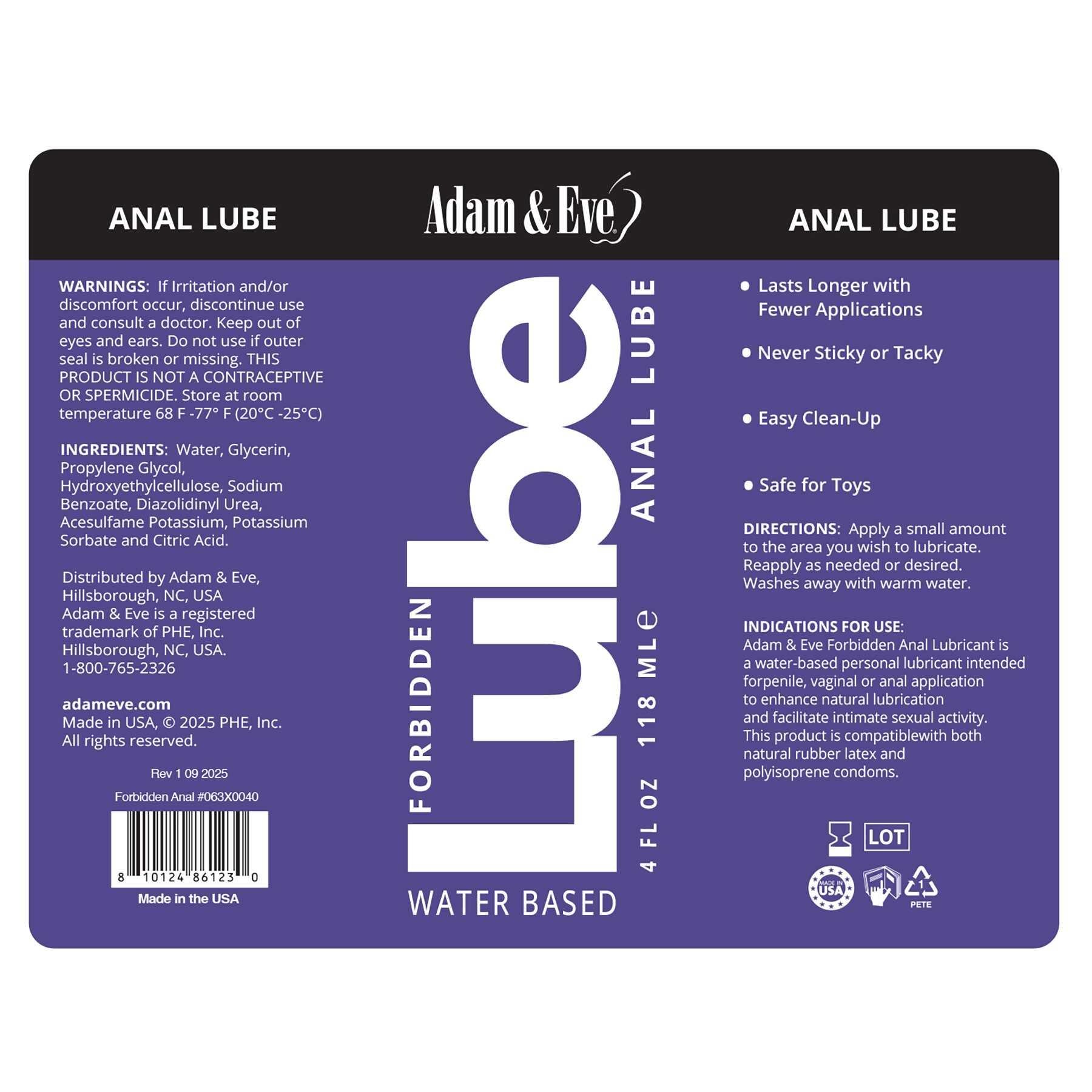 Adam & Eve Forbidden Anal Lubricant 4 oz label