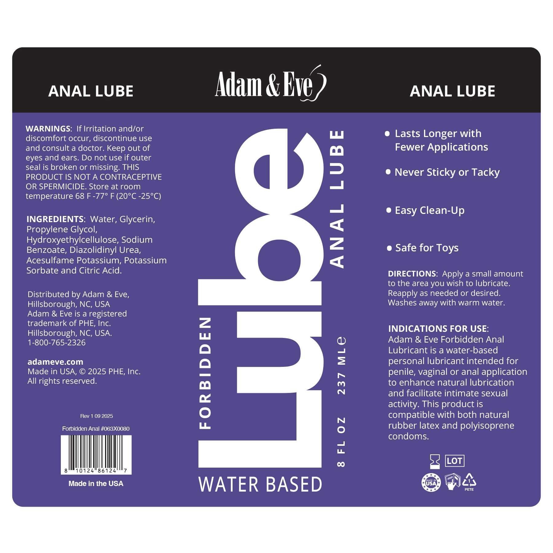 Adam & Eve Forbidden Anal Lubricant 8 oz label