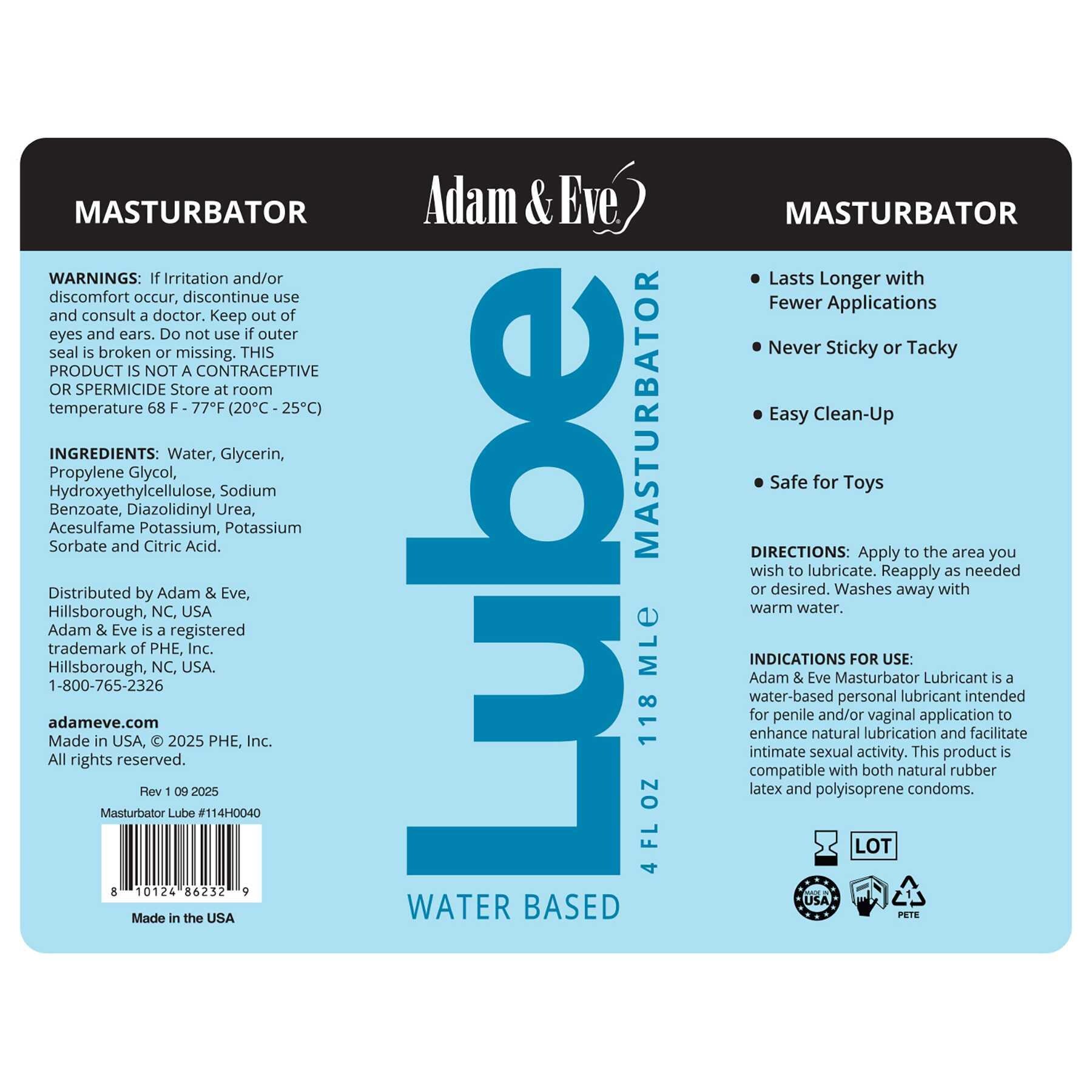 Adam & Eve Masturbator Lube 4 oz label