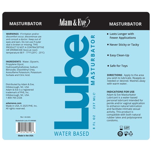 Adam & Eve Masturbator Lube 8 oz label