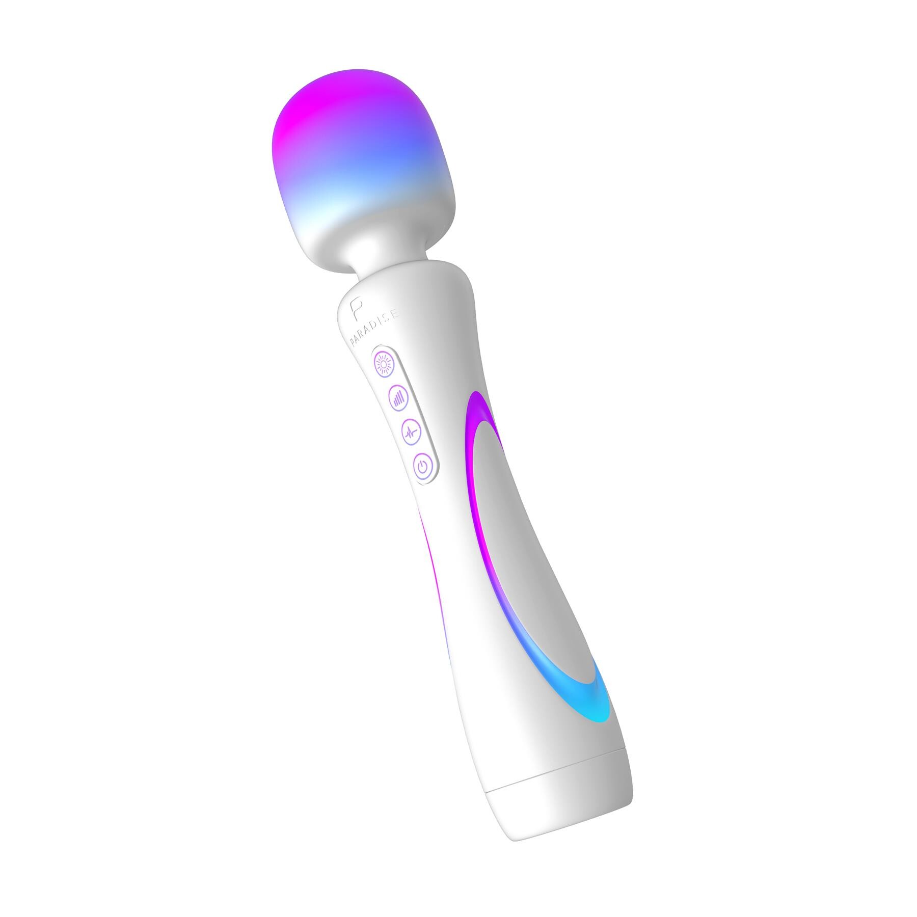 Illumination Wand Massager full view angled with lights on showing activation buttons
