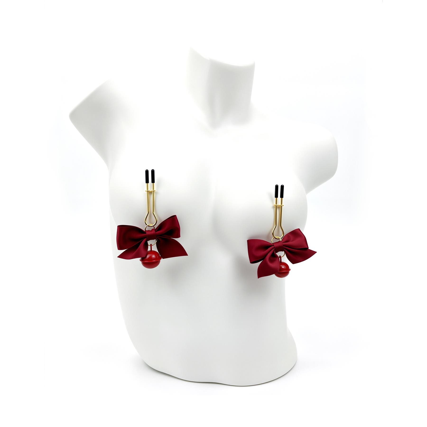 Bells and Bows Nipple Clamps - Product Shot - Red - On Mannequin