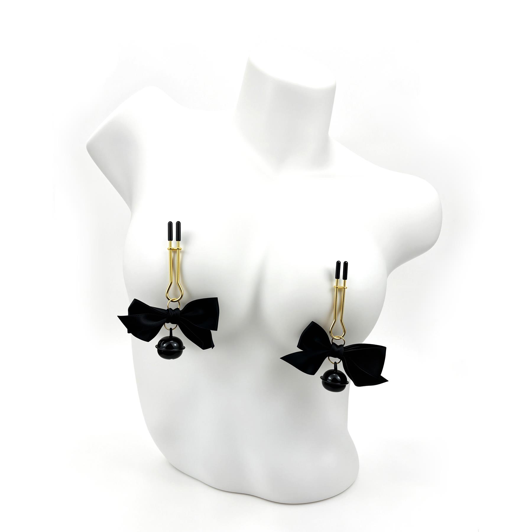 Bells and Bows Nipple Clamps - Product Shot - Black - On Mannequin
