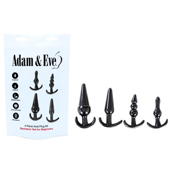 Adam & Eve 4 Piece Anal Plug Kit front of package and items shot