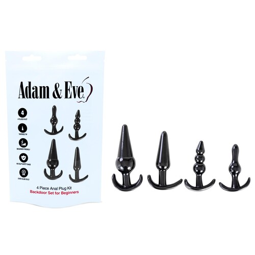 Adam & Eve 4 Piece Anal Plug Kit front of package and items shot