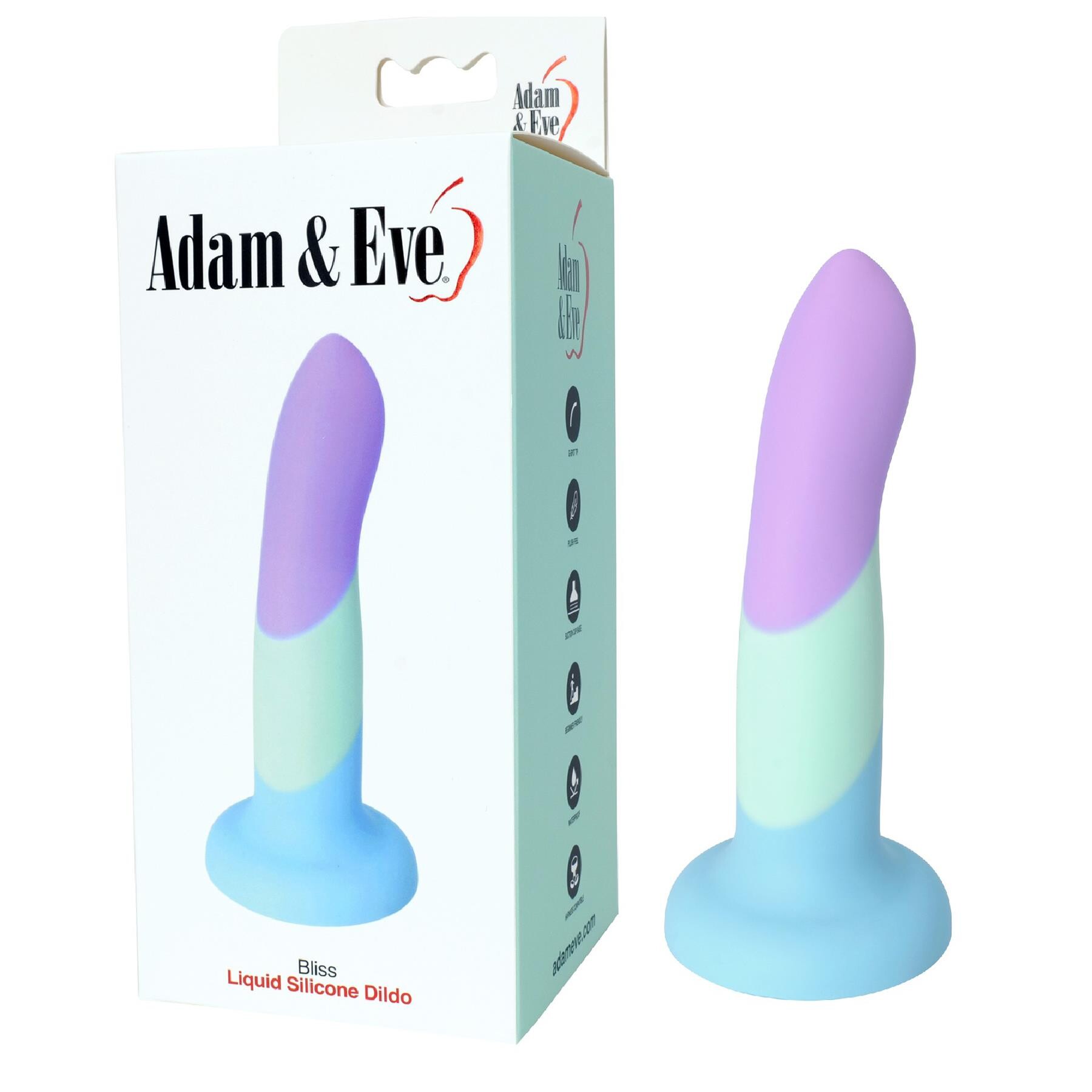 Adam & Eve Bliss Liquid Silicone Dildo - Product and Packaging