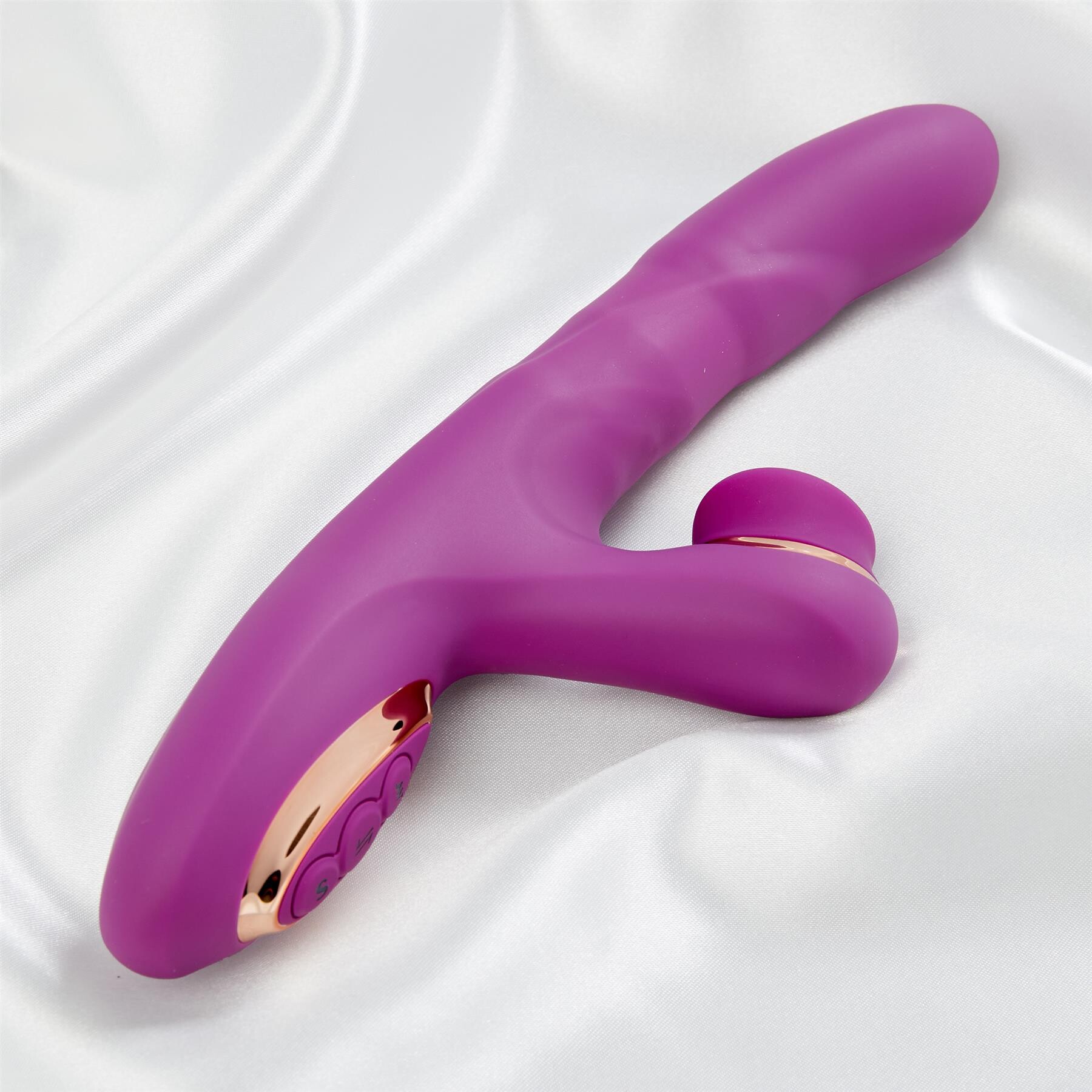 Rose Gold Tappin' Thumping and Thrusting Dual Stimulating Rabbit flat view