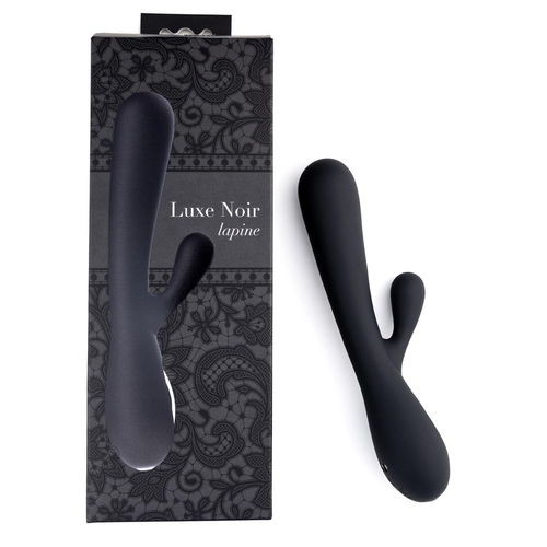 Adam & Eve Luxe Noir Lapine Sleek Rabbit Vibrator - Product and Packaging