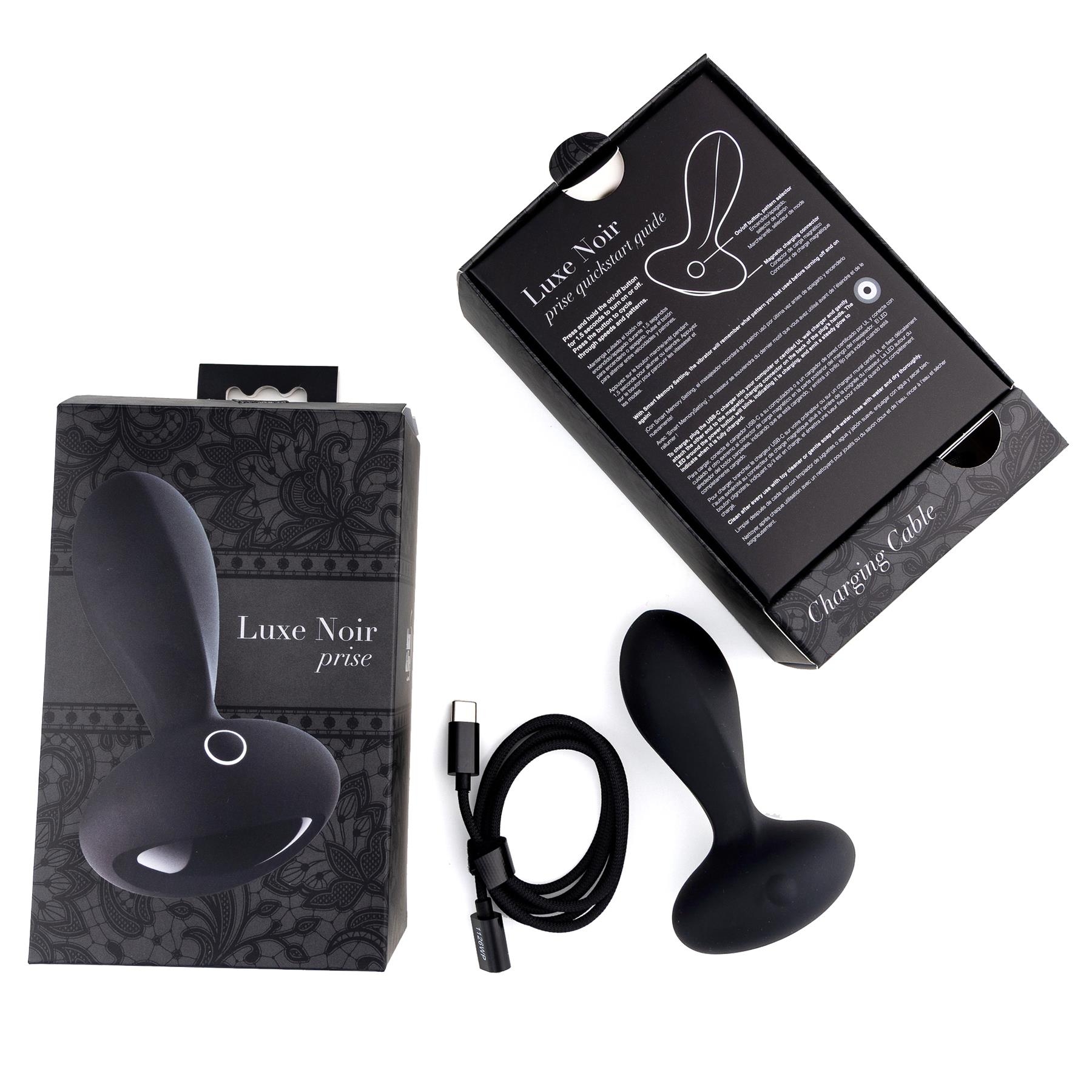 Adam & Eve Luxe Noir Prise Plush Vibrating Plug - Product and Packaging