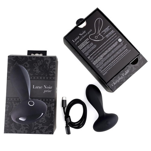 Adam & Eve Luxe Noir Prise Plush Vibrating Plug - Product and Packaging