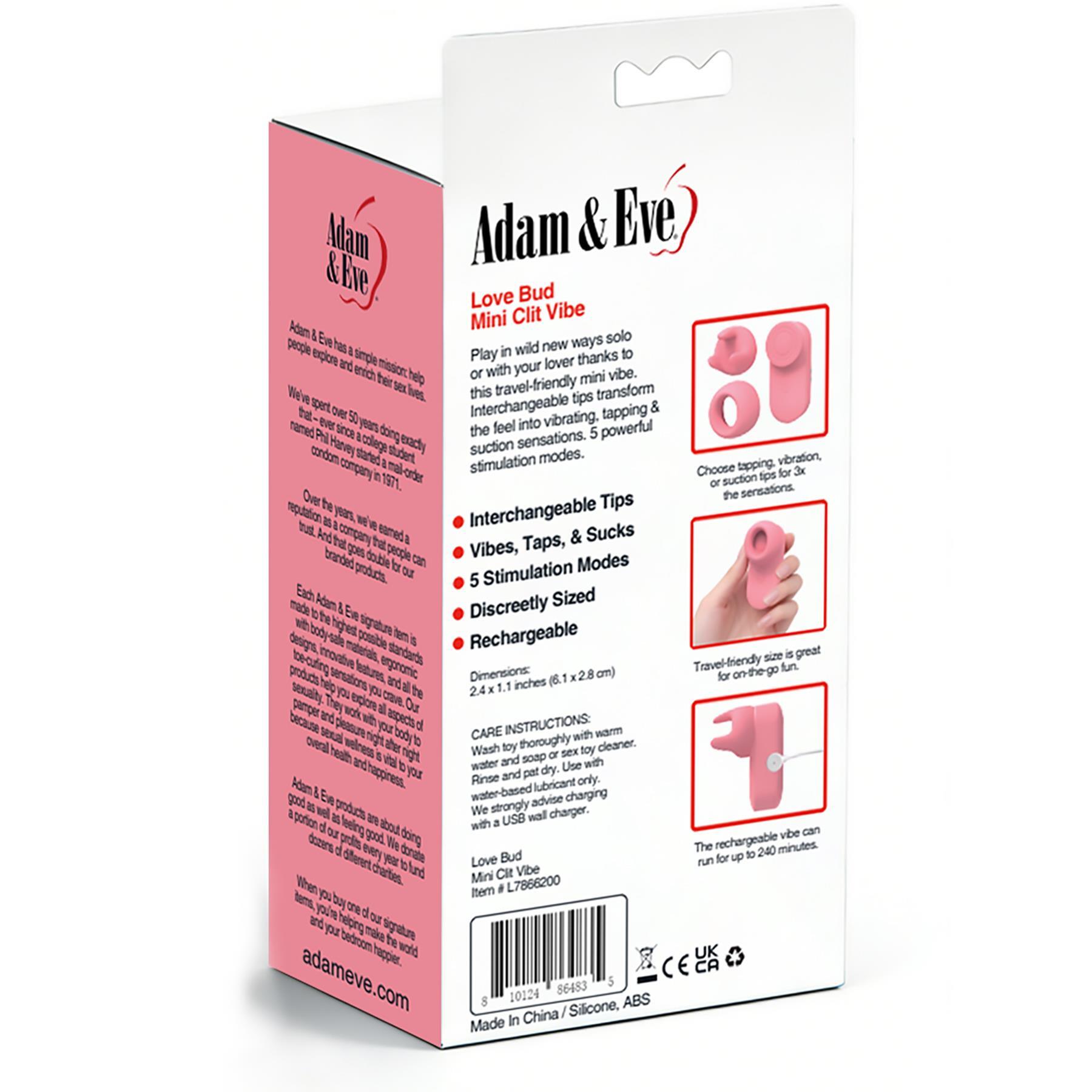 Adam & Eve Love Bud Mini Clit Stimulator With Attachments - Back of Packaging
